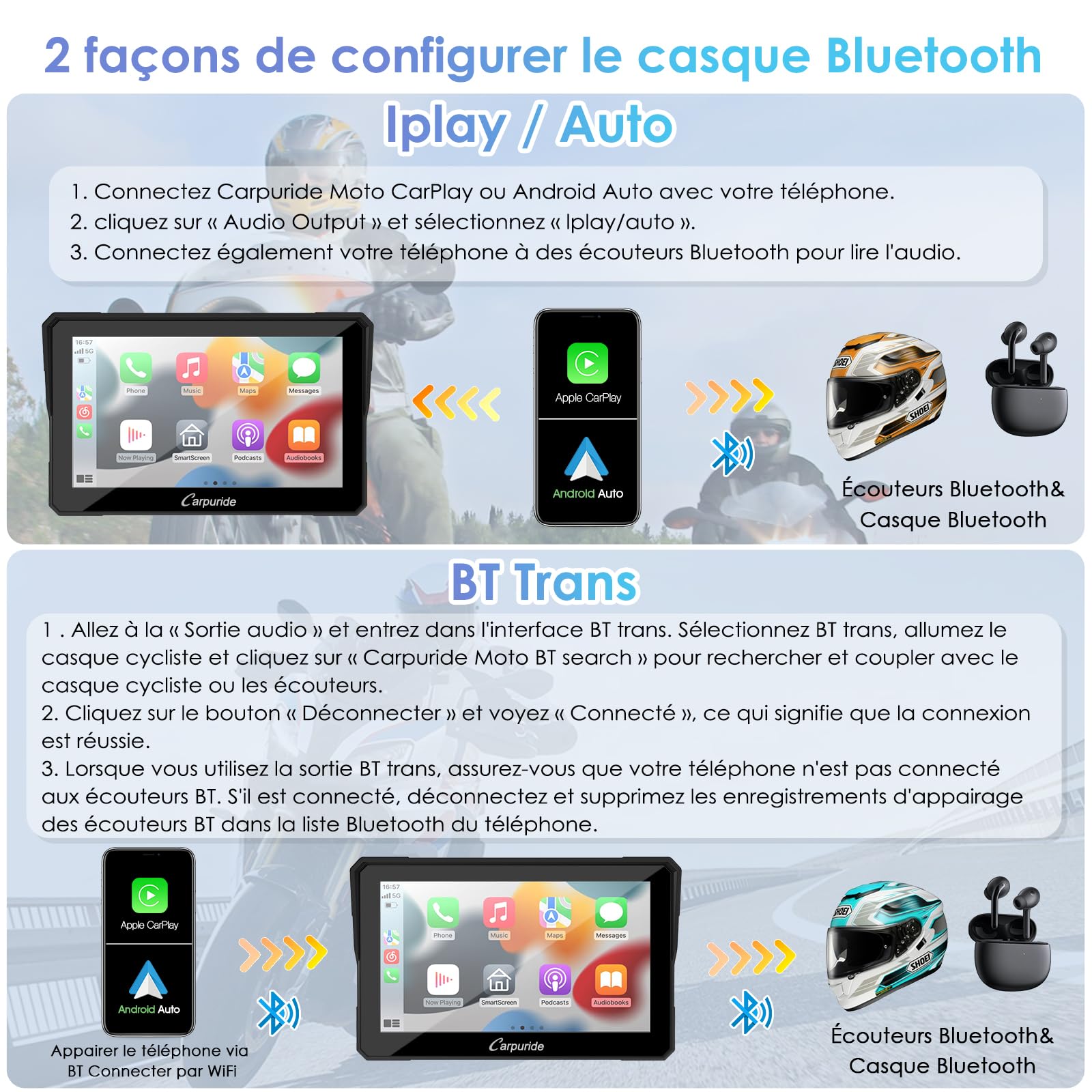 Carpuride W702 Écran GPS Carplay pour Moto, CarPlay sans Fil & Android Auto, Écran Tactile Étanche 7", Double Bluetooth, Navigation, Siri, Béquille Moto réglable en Forme de U