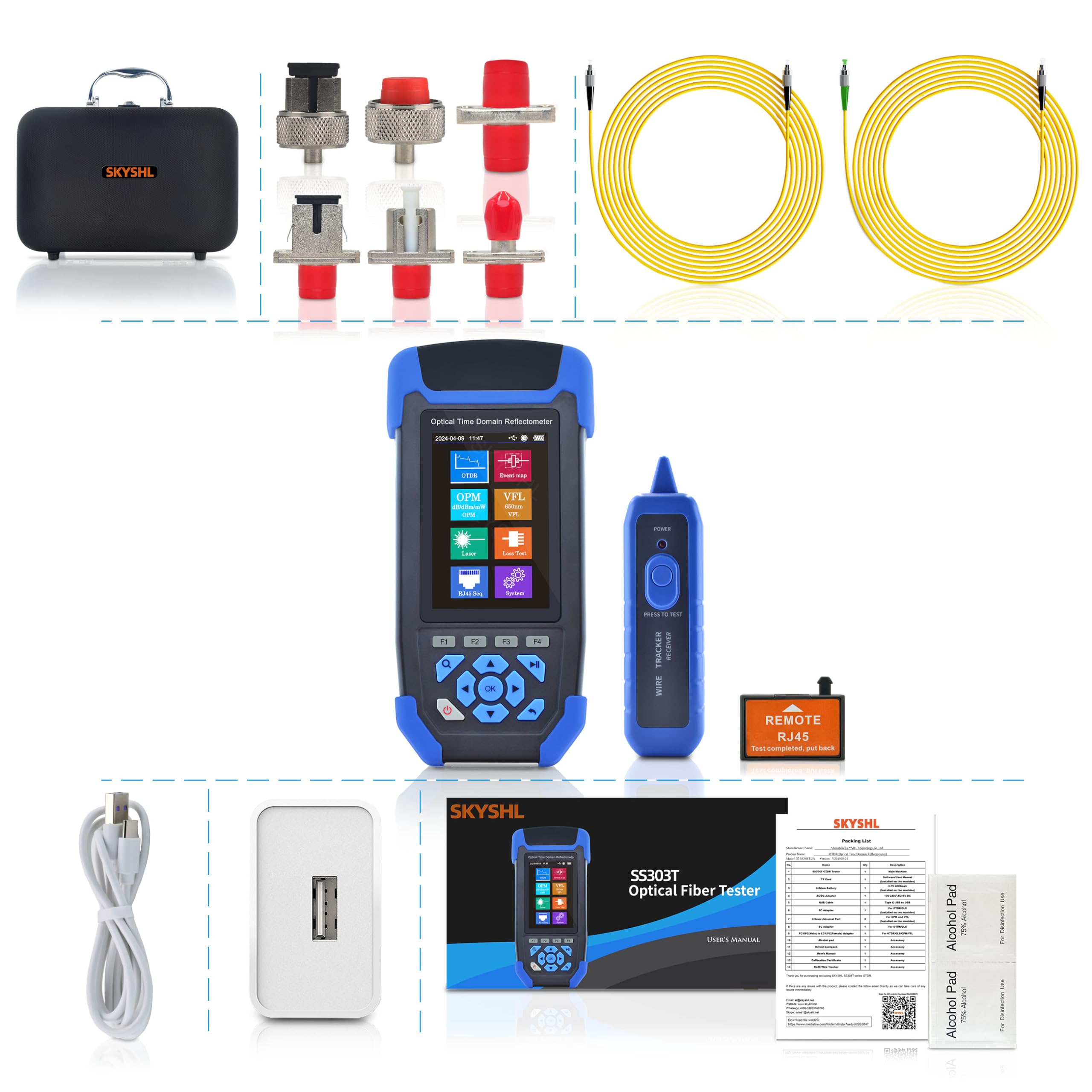 1310nm/24dB+1550nm/22dB SM OTDR avec OPM+OLS+VFL+Carte des Événements+Test de Perte+Séquenceur RJ45+Traceur de Câble RJ45 Testeur de Fibre Optique Compatible avec APC&UPC SC+FC+ST+LC-SS303T-2A1