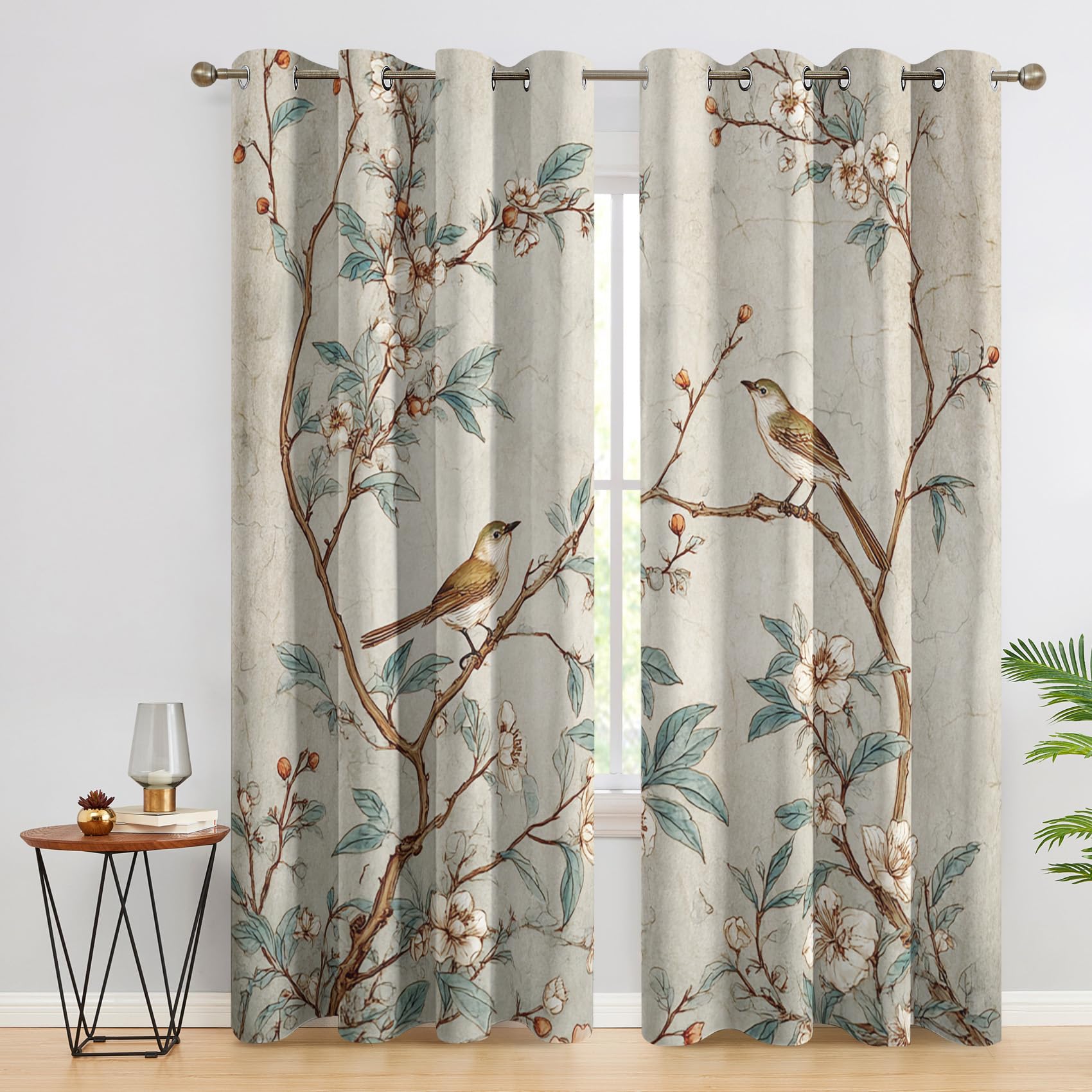 Rideaux Occultant Fleurs Oiseaux, Rideau Isolant Thermique pour Salon Chambre, Motif Branche d'arbre, Lot de 2 Décoration de Fenêtre Opaque 140x200cm LxH, à Oeillets