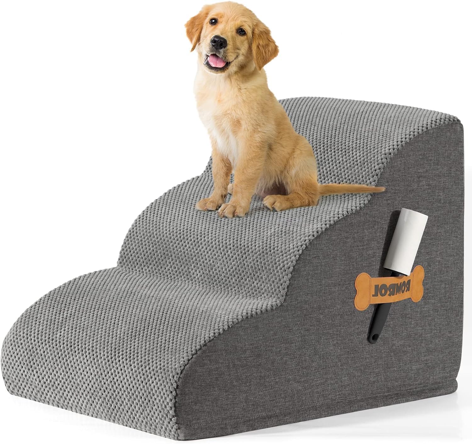 ROMROL Hundetreppe 3 Stufen – rutschfeste Haustiertreppe für kleine Hunde & Katzen – Waschbarer Bezug, Hochdichter Memory-Schaum – Weiche Einstiegshilfe für Sofa & Bett – Gelenkschonend, Grau