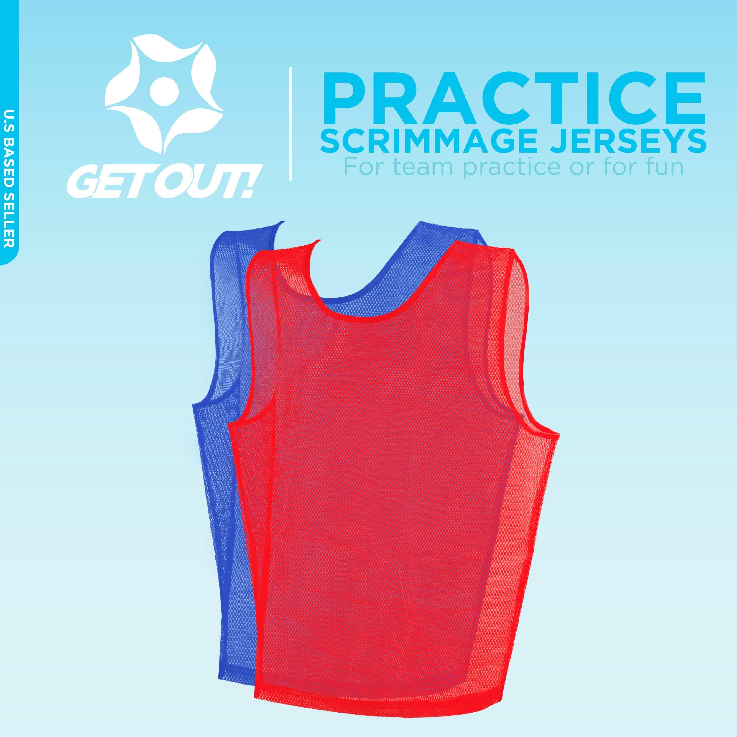 Get Out! Scrimmage Gilet Pinnies 12Pk in rosso e blu - Taglie giovani, ragazzi e adulti - Maglia in rete di nylon per qualsiasi sport