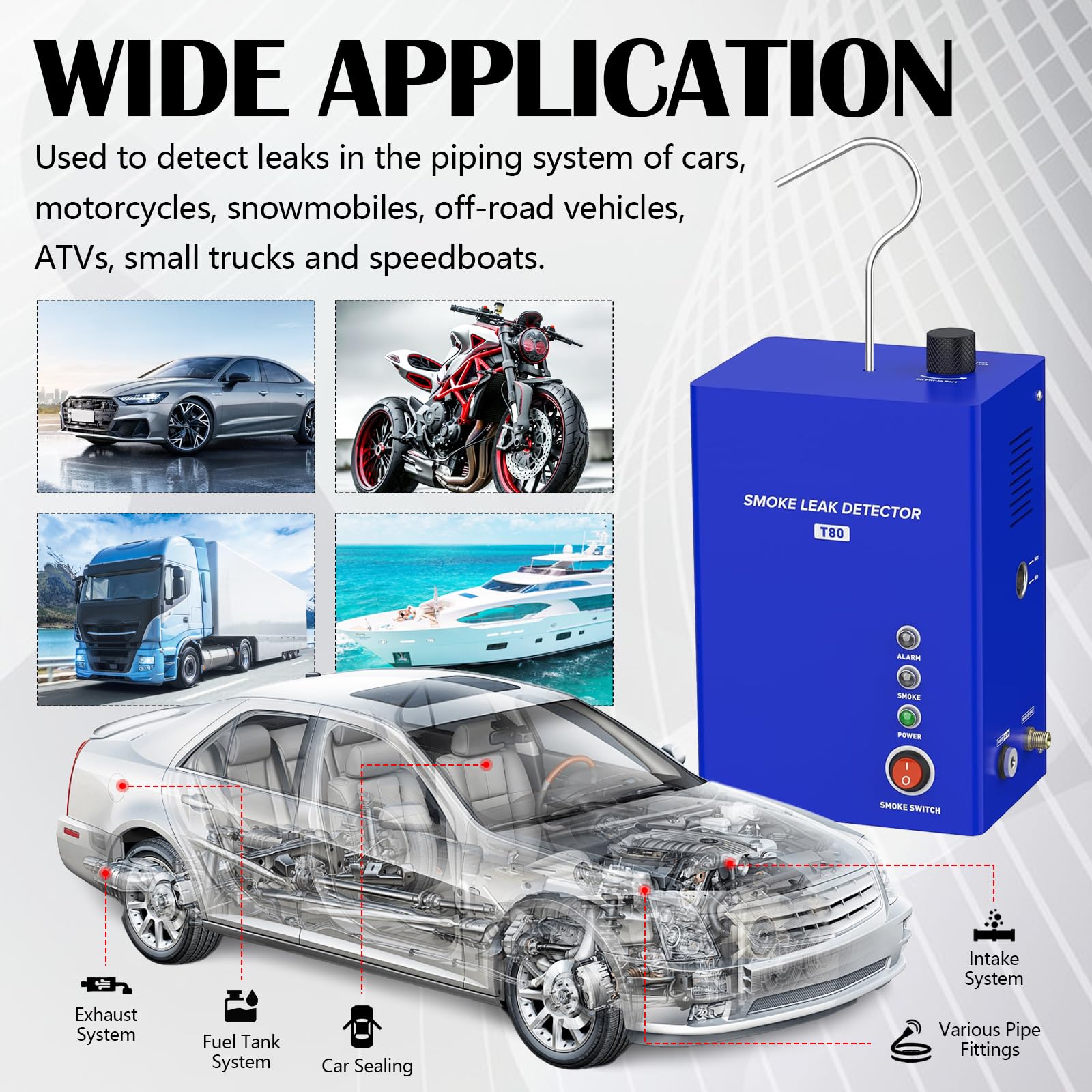 Máquina de Humo 12V para detección de Fugas EVAP, Kit Detector de Fugas para Coche Moto camión y Barco, con Pinzas de alimentación adaptadores y Tubo de Humo