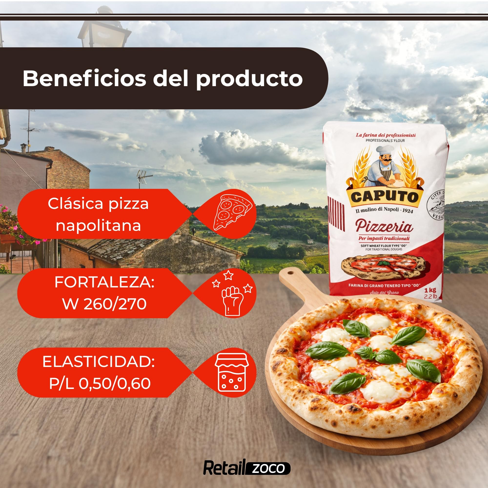 Harina Caputo Pizzeria, Origen Italiana, ideal para masas de alta hidratación, ligera y perfectamente levada, Recomendado para la clásica pizza napolitana, Tipo Harina 00, Contiene 1 unidad de 1 Kg - imagen 3
