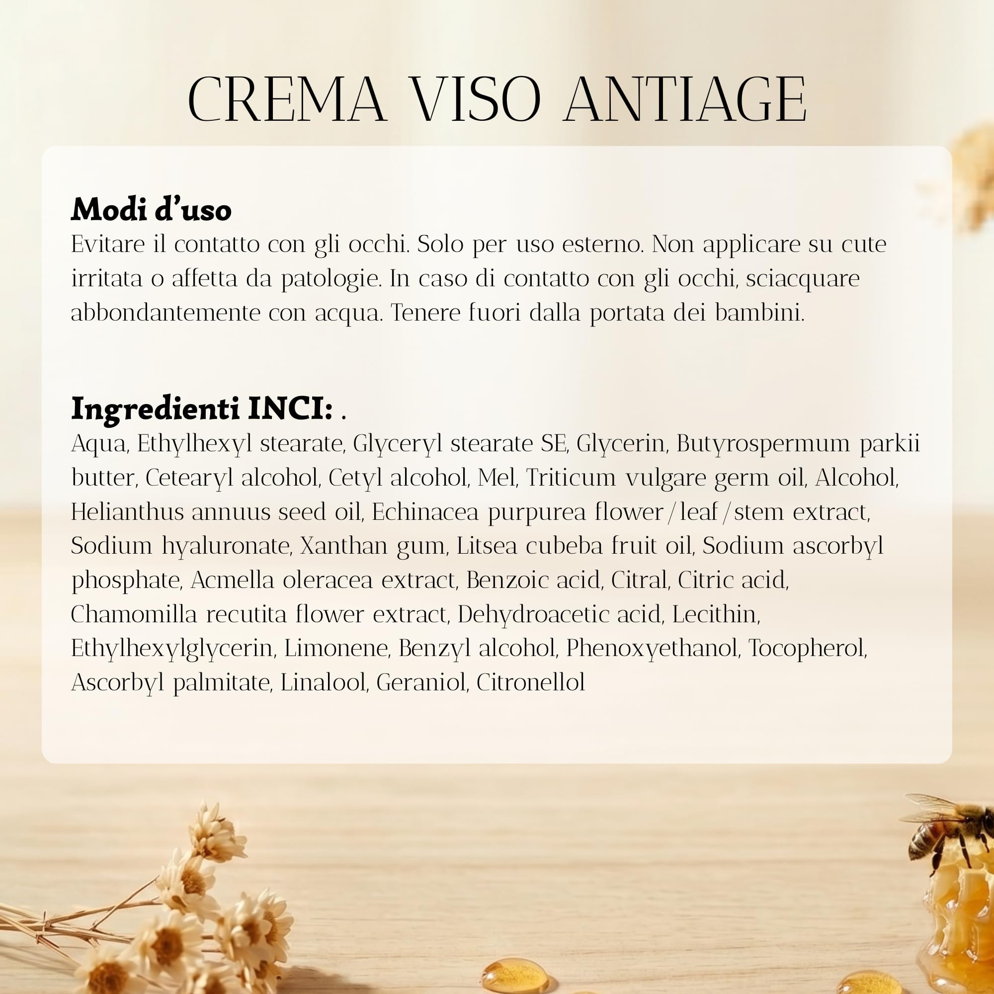 BiBee - Crema Viso Antirughe 60 anni con Acido Ialuronico e Miele 50ml