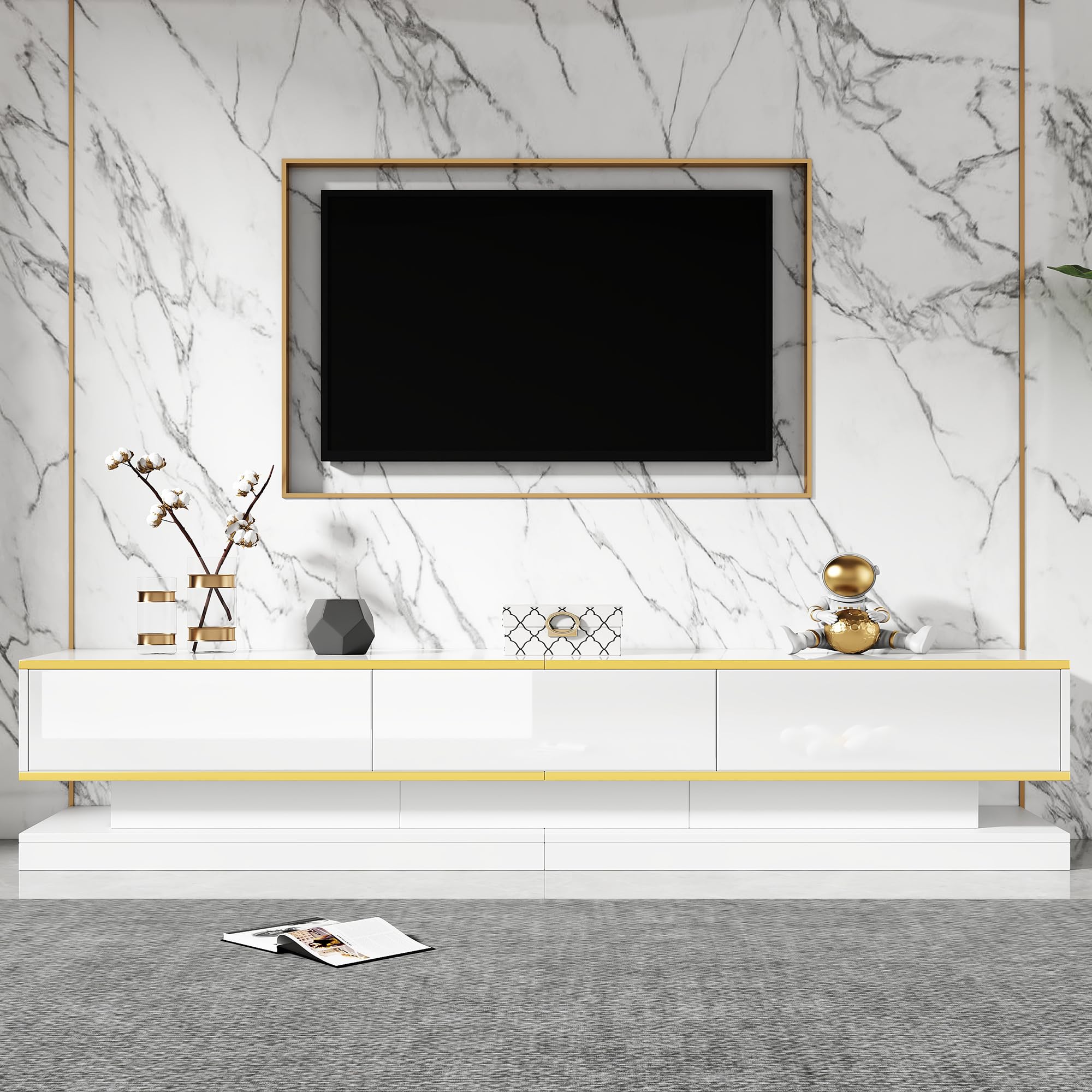 TV Schrank, TV Lowboard mit 3 Schubladen, Warmweiße Hochglanzoptik, Robustes und Langlebiges Material, Fernsehschrank, 200 x 40 x 40 cm, Weiß