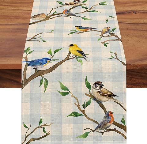Seliem Spring Birds Tree Branches Table Runner, Buffalo Plaid Check | Bluebird Robin Goldfinch Chickadee Home Kitchen Dining Decor, Summer Seasonal Farmhouse Decoration Indoor Outdoor Party