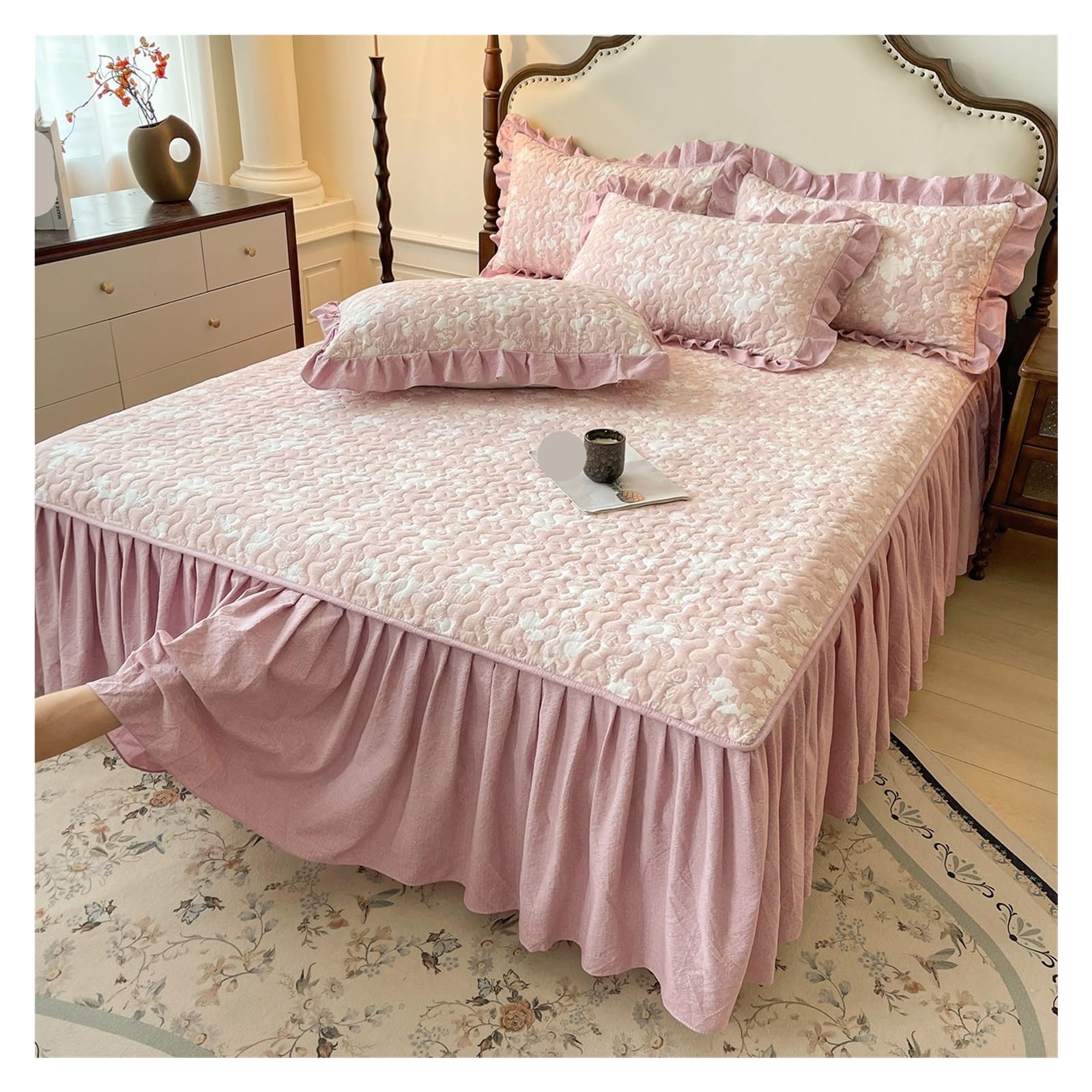 1pc Soft Bed Skirt Thicken Bedspread Ruffles Cover Plant Print Linen For Home Falda De Cama (No Pillowcase)(S,Queen 150x200cm 1pc)