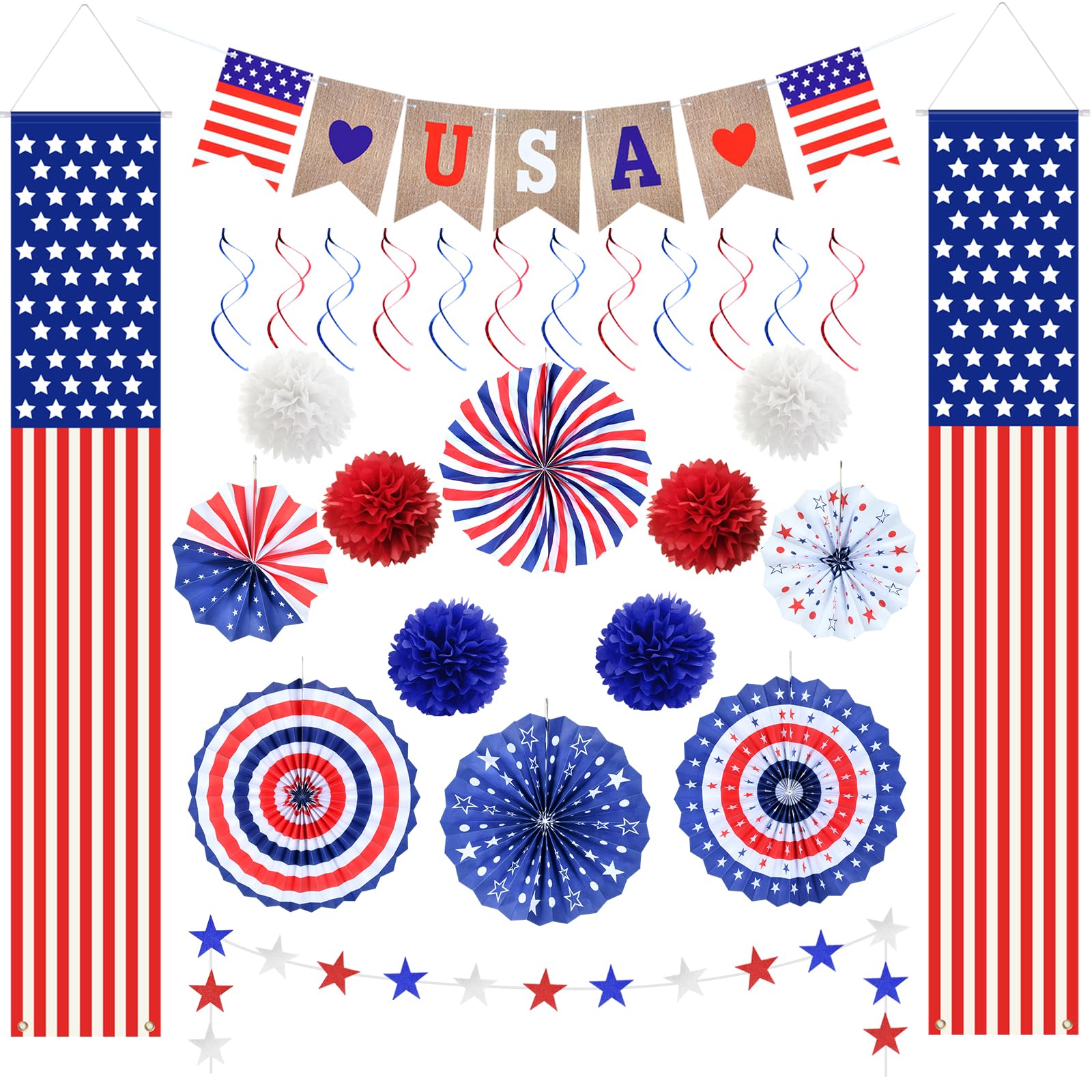 4th of July Decorations Patriotic Decor Set - 28PCS USA Flag Banner, Hanging Swirls, Paper Fans, Star Streamers, Red White Blue Pom Poms Home Parties