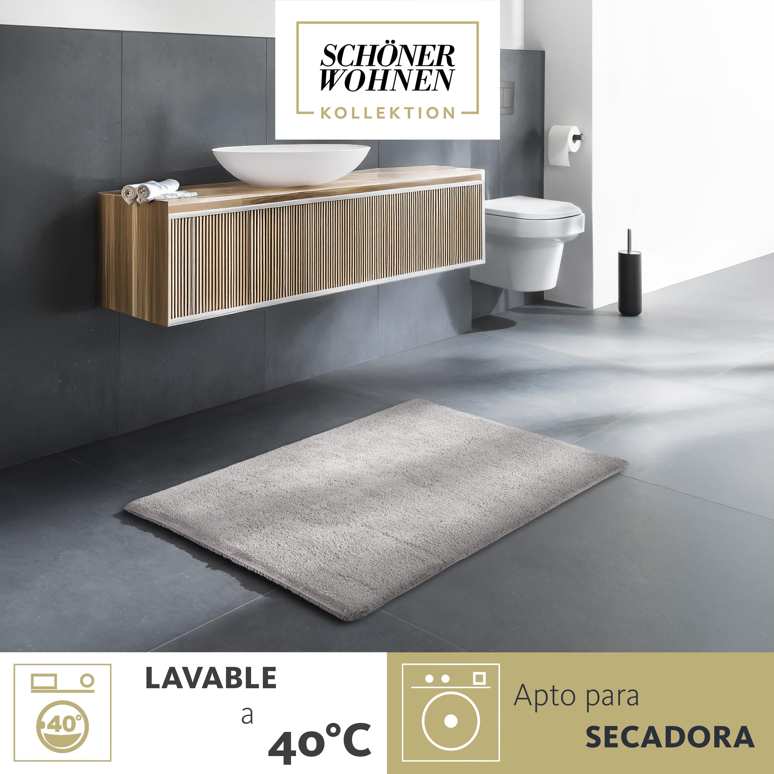 Schöner Wohnen Collection Alfombra de baño 60 x 90 cm - Reversible - Lavable - 100% algodón - Monocolor - Gris Claro | Alfombrilla de baño antideslizante, 100% algodón, apta para secadora, absorbe la humedad