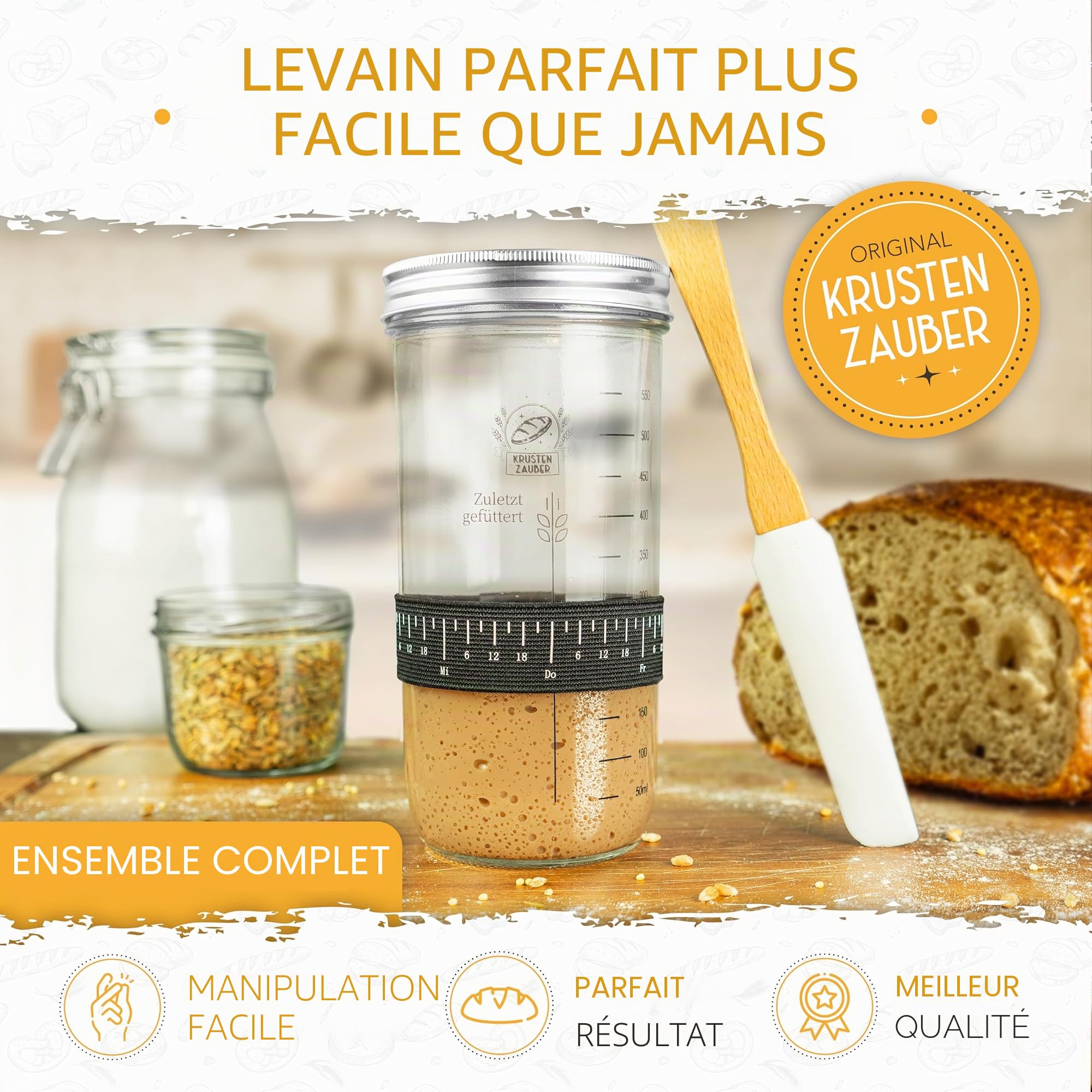 KRUSTENZAUBER Kit de démarrage de levain - Pot de fermentation 600 ml avec spatule et thermomètre - Accessoires pour cuisson du pain, verre de levain, fermentation, kit de démarrage de levain