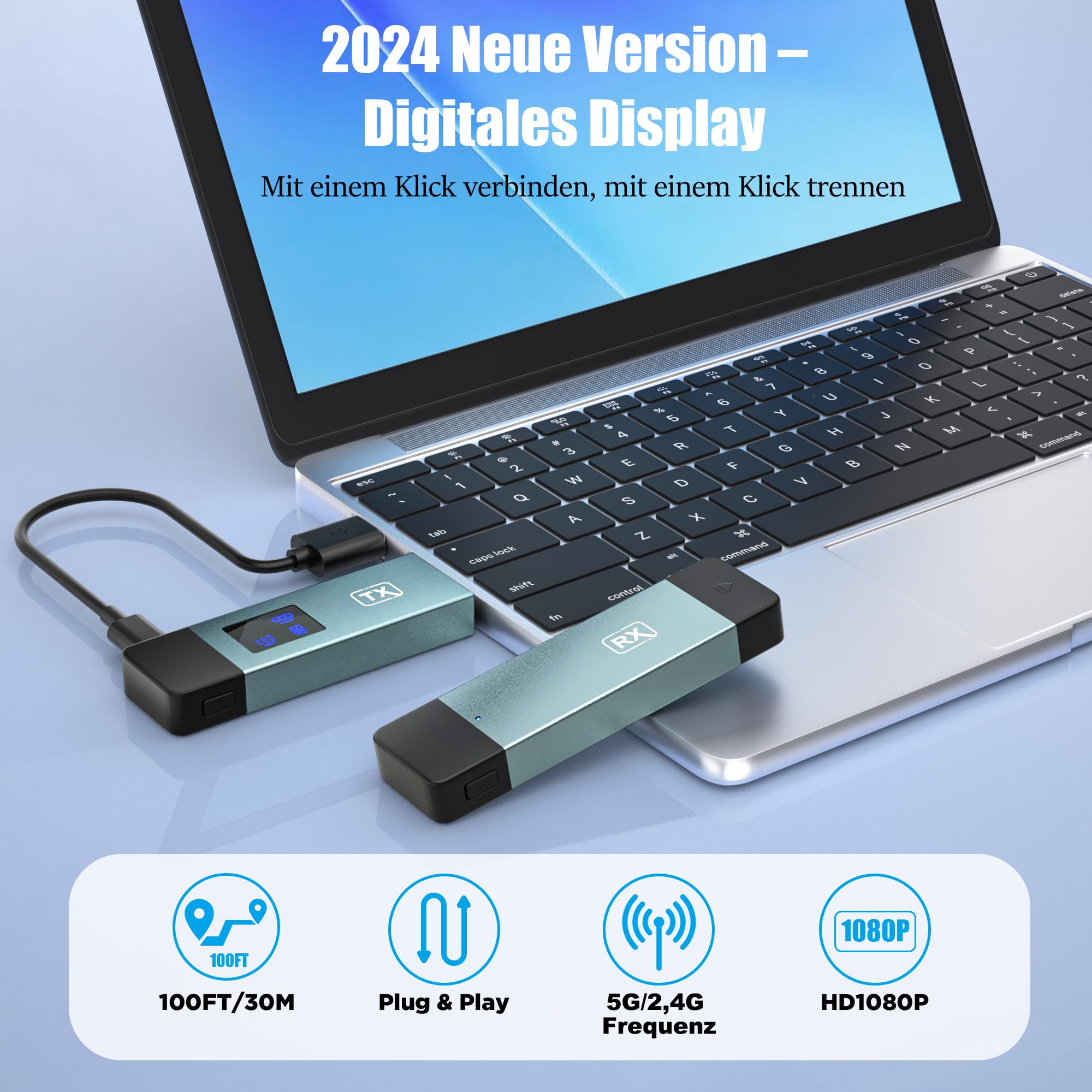 Trasmettitore e Ricevitore HDMI Wireless, 98 FT/30M Connessione stabile, Wireless HDMI portatile 2.4G/5G con schermo LED, Plug & Play per lo streaming di file audio video da laptop,PC a TV/proiettore