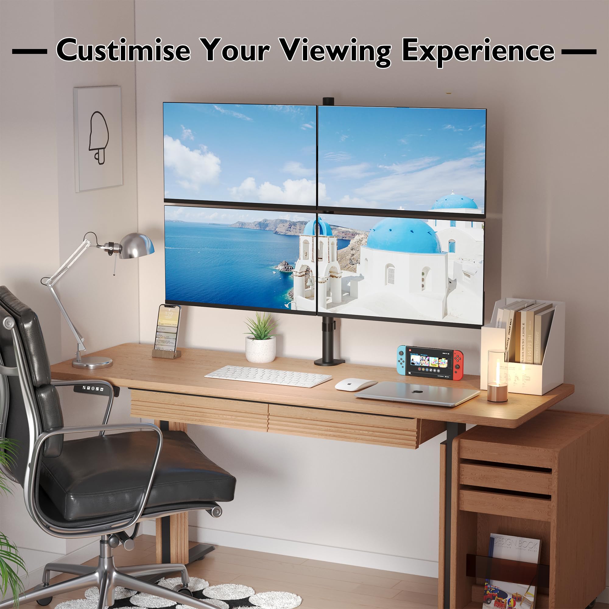 BONTEC Monitor Halterung 4 Monitore 13-27 Zoll, 10 kg/Arm, VESA 75/100 | Höhenverstellbar, 180° schwenkbar und 360° drehbar – für Büro, Gaming, Leitstand oder Konferenzraum