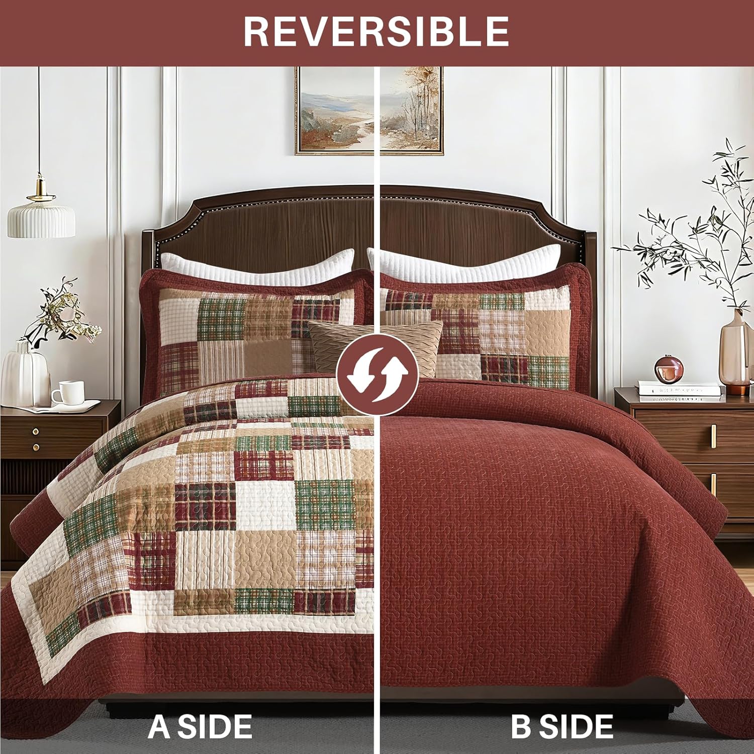 Quilts Queen Size - Plaid Design Farmhouse Quilt Set with Matching Shams, 3 Pieces 100% Cotton Queen Quilt Bedding Set, Reversible Bedspread Coverlet for All Season, Red/Green/Beige