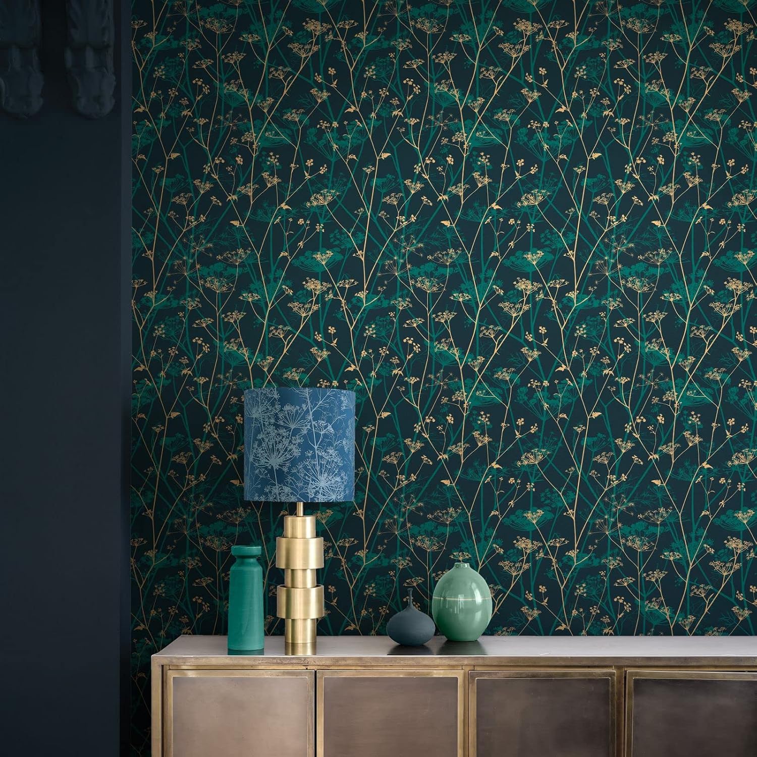 Wild Chervil Kingfisher and Gold Removable Wallpaper