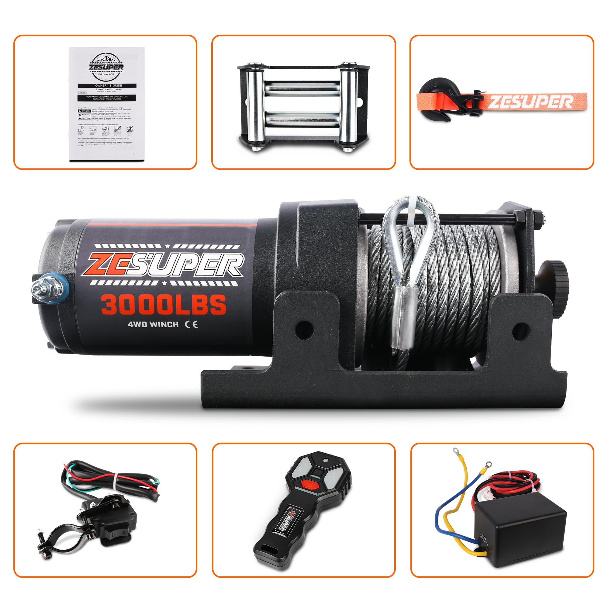 ZESUPER Wciągarka elektryczna 1340 kg 12 V DC stalowy kabel terenowy wodoodporny UTV ATV łódź zmodyfikowane pojazdy zestawy wciągarek bezprzewodowy pilot