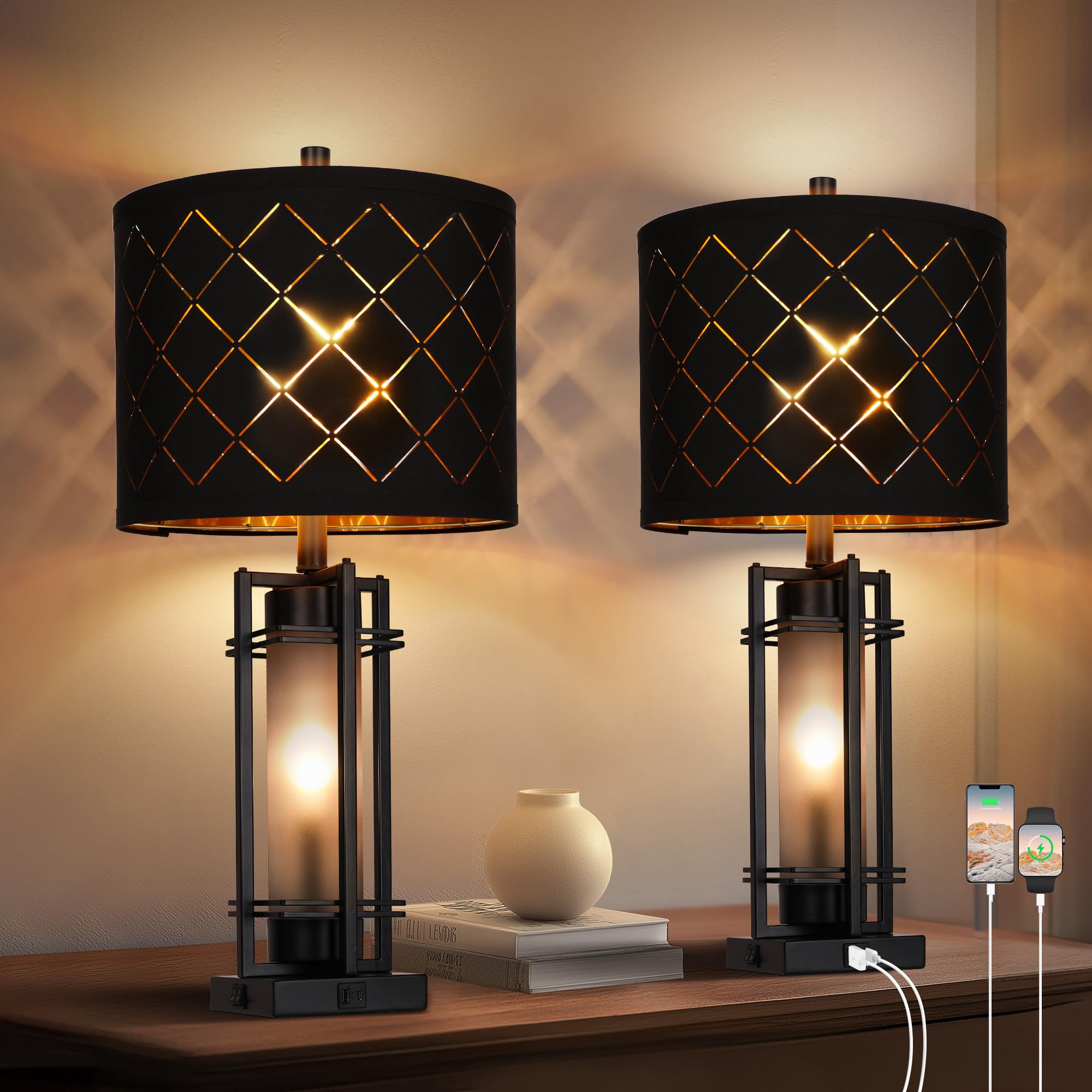 WIHTU 27 inch Modern Table Lamp Set of 2 with Nightlight, Metal