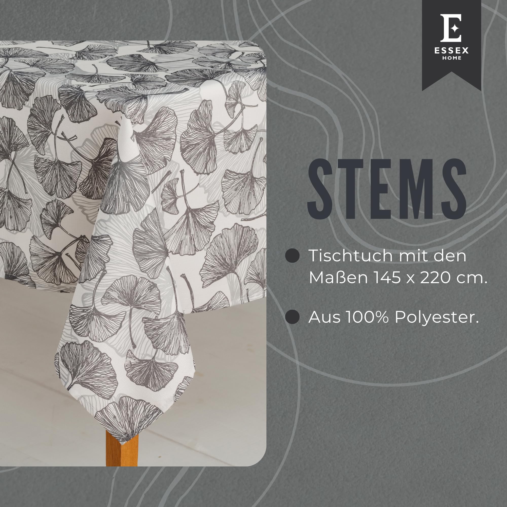ESSEX - Stems Tablecloth 145 x 220 cm, 100% Polyester, Washable, Leaf Design, Grey, Grey (Stems), 86.6 x 57.1 inch (Rectangular) - Image 2