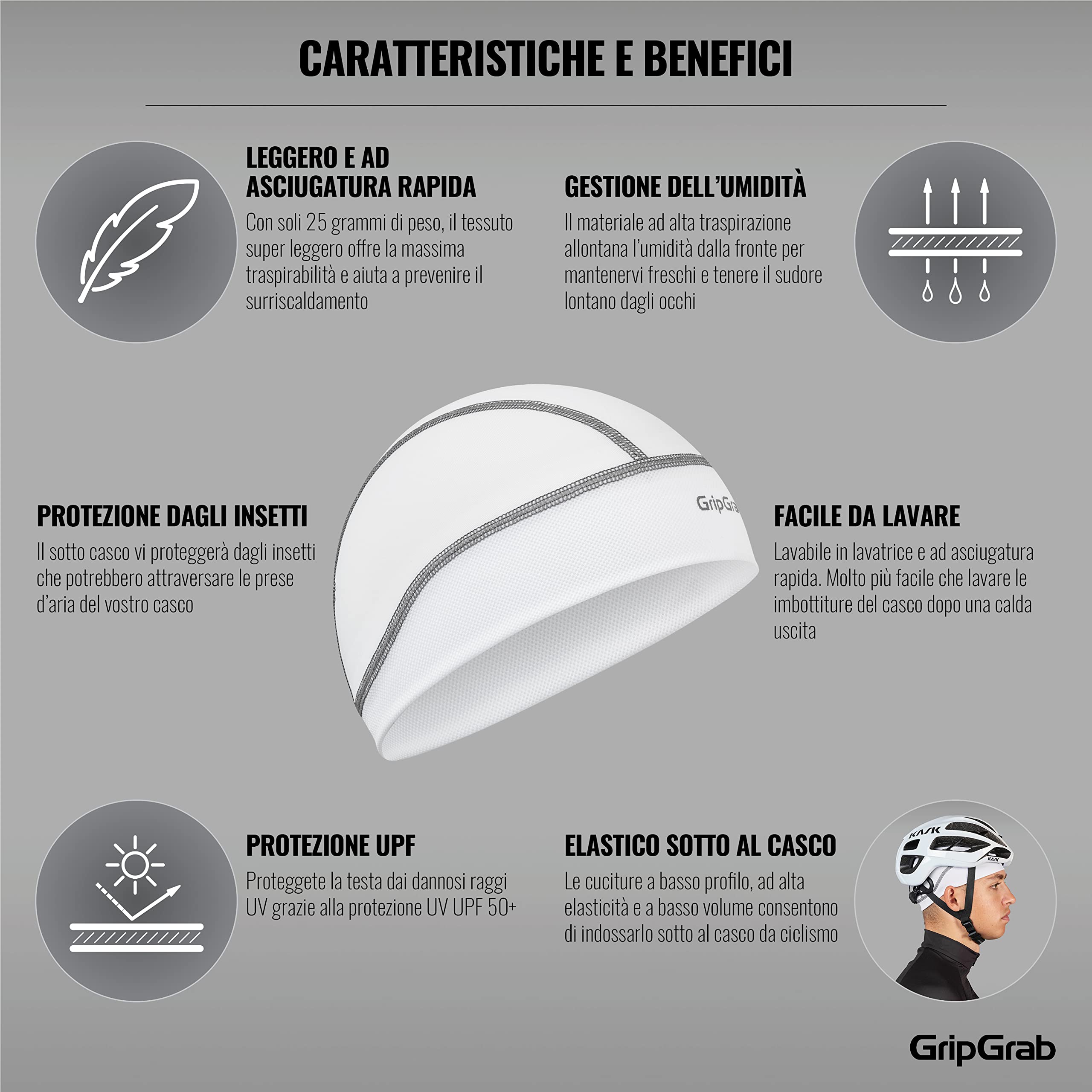 GripGrab Sottocasco Bici UPF 50+ Protezione UV Leggera sotto Il Casco Cappello da Bicicletta Estivo MTB Bici da Corsa