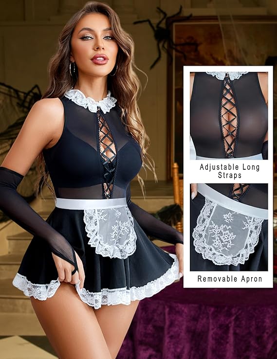 Avidlove Maid Lingerie Sexy Halloween Costume with Sheer Gloves