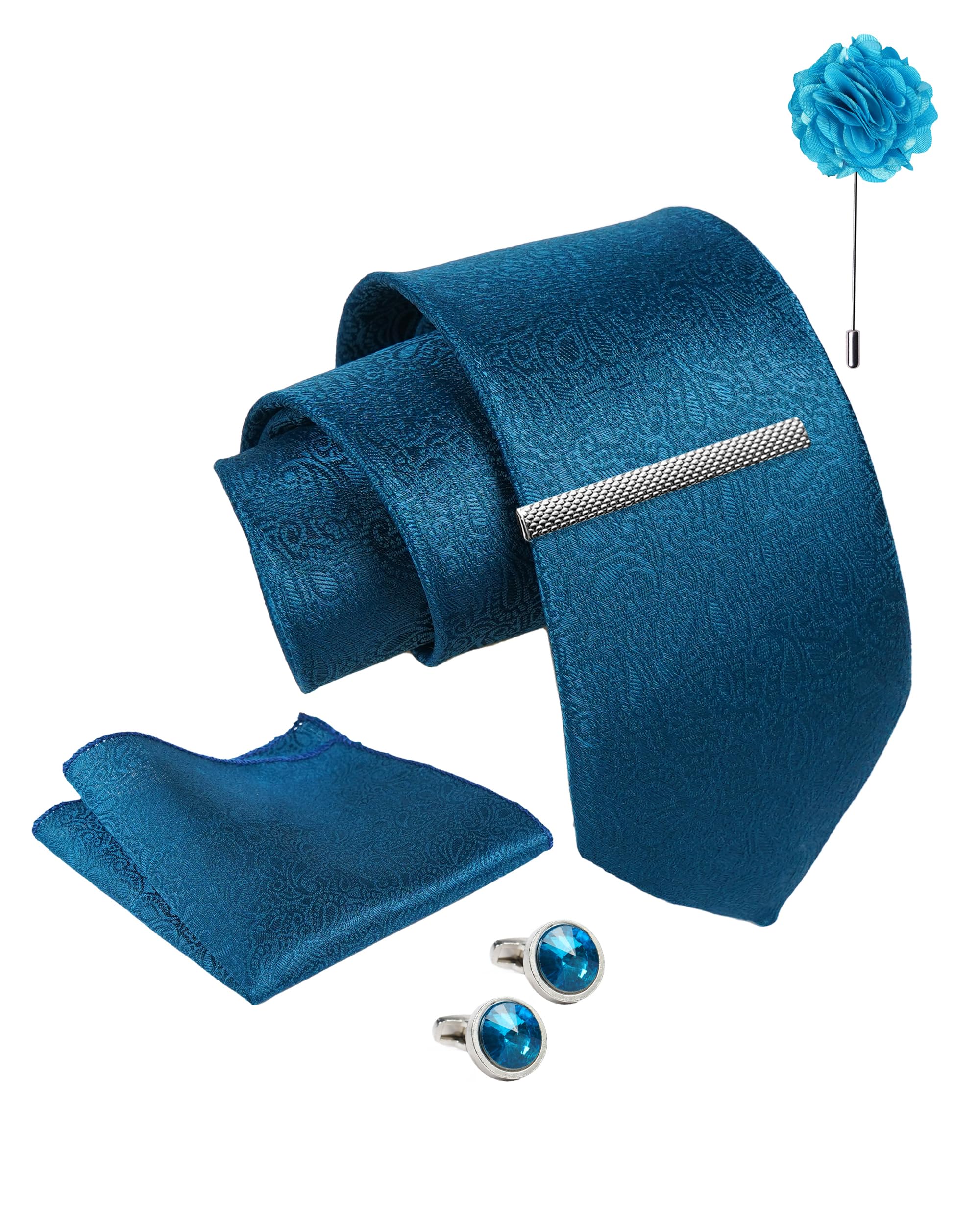 axlon Tie for Men – Paisley Silk Neck Ties Set with Cufflinks Flower Pin, Pocket Square & Black Gift Box, Combo Necktie Sets for Office Wear, Formal Suits & Weddings (Teal Ocean Blue, NXPLX_45)-picture-53