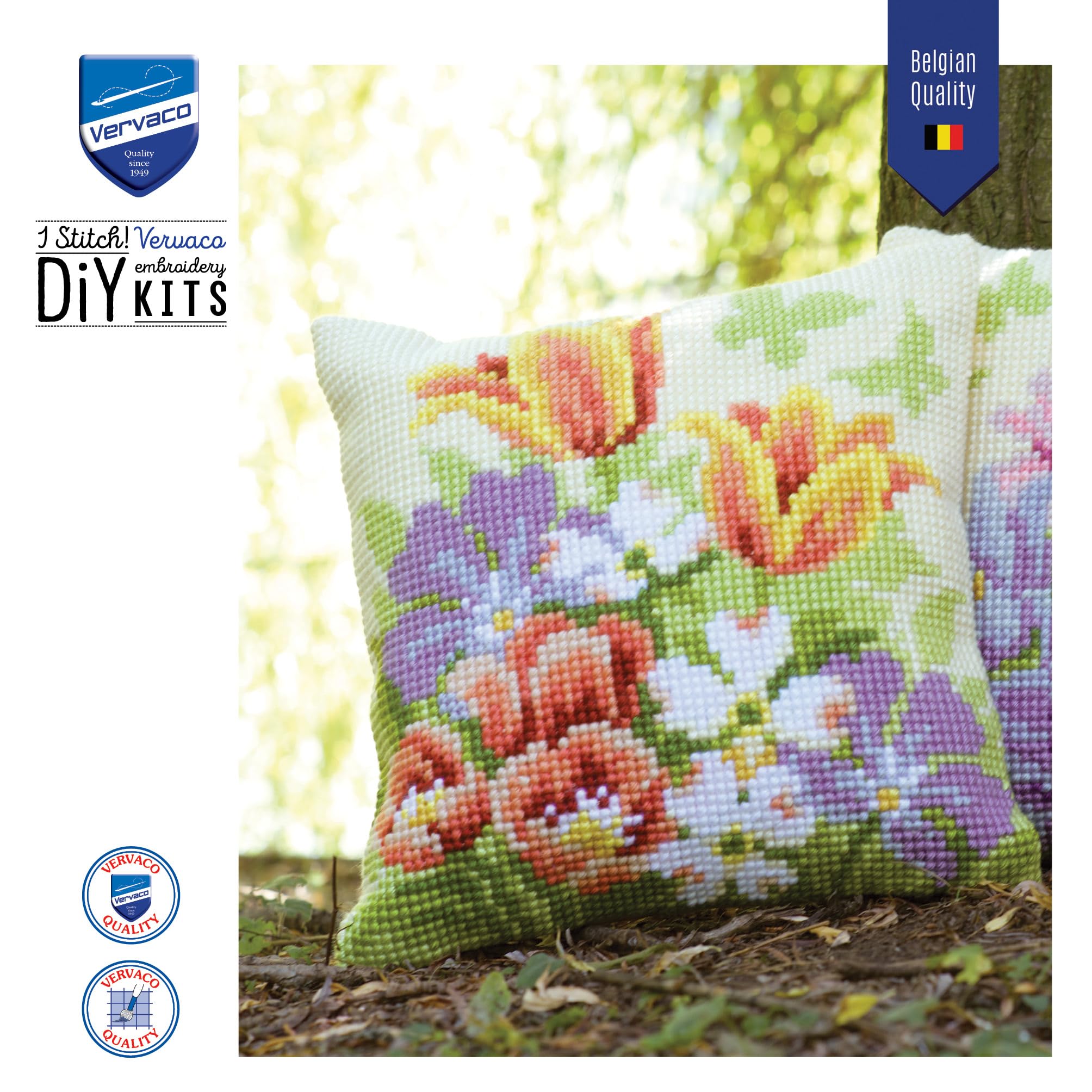 Kit Coussin Point De Croix Vervaco Fleurs Printanières 40x40 Cm - Broderie Créative Complète