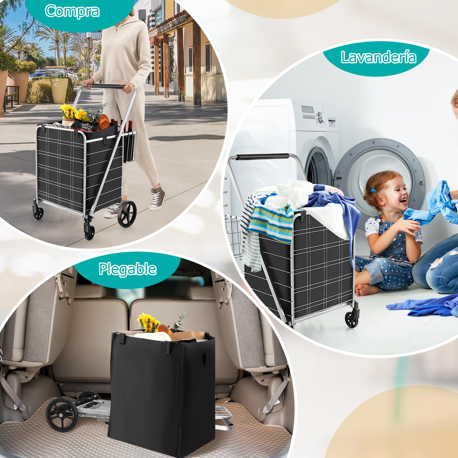 GOPLUS Carro de la Compra Plegable 126L, Carrito Compra Portátil Grande con Ruedas Universales y 2 cestas, Bolsa Impermeable Extraíble, Carga Máxima 150KG, Ideal para Lavandería Equipaje, Plateado