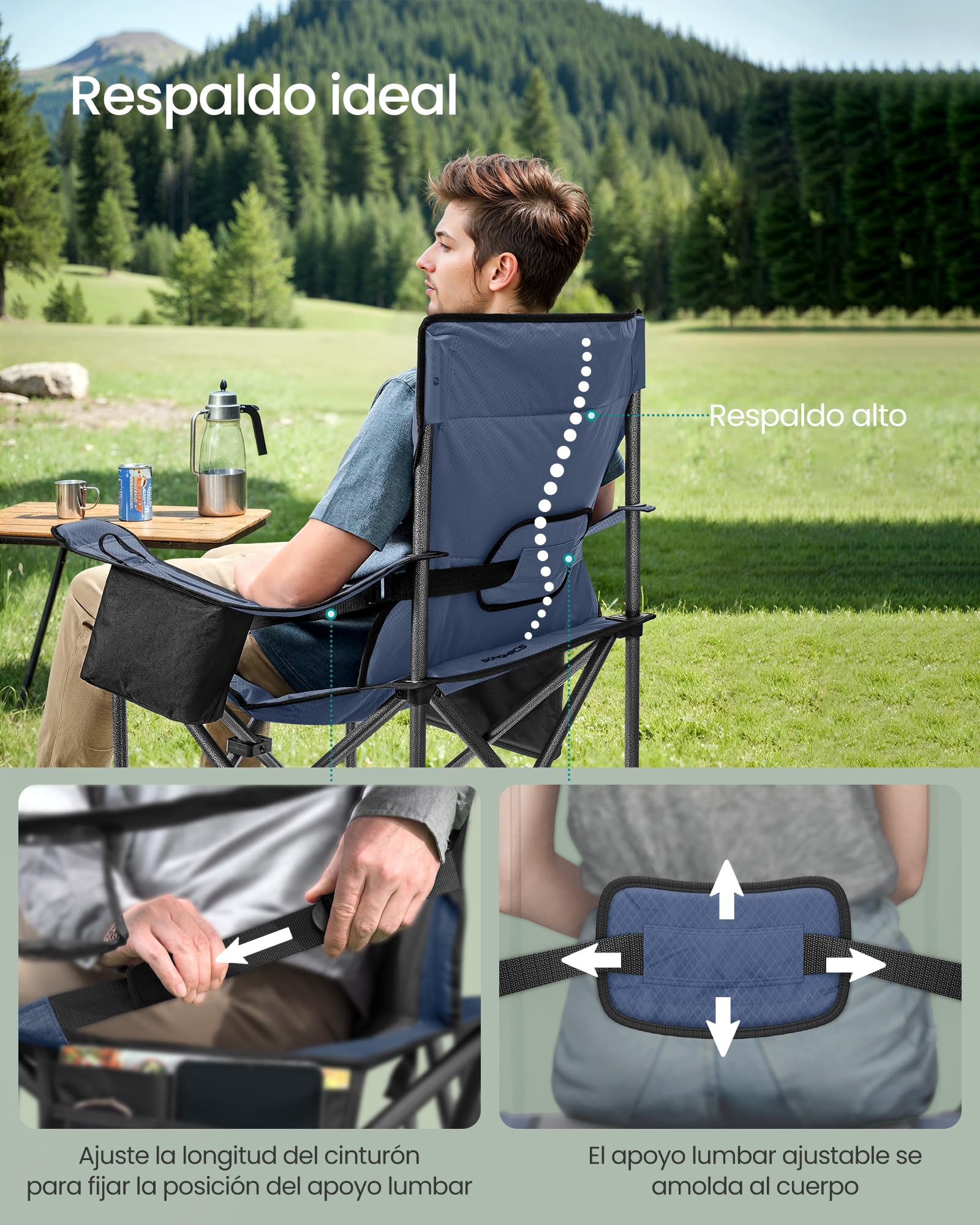SONGMICS Silla de Camping Extragrande y Acolchada, Cómoda Plegable para Exteriores, Soporte Lumbar, Bolsa Térmica, Carga 205 kg, Azul Marino GCB066Q01