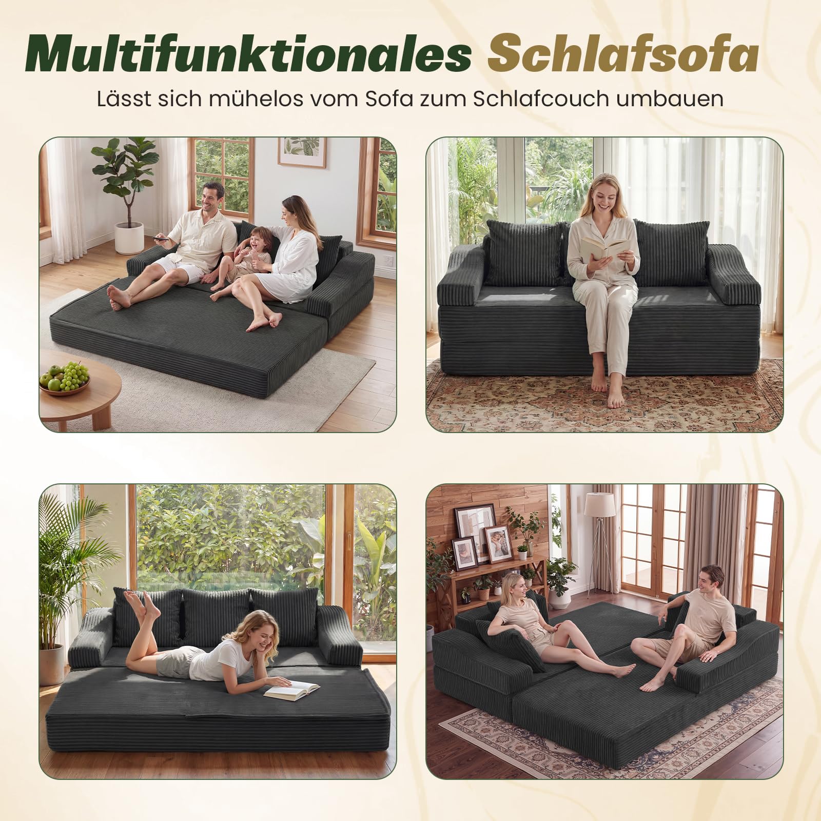 APICIZON Schlafsofa 200cm Breit, Boneless Couch mit Kissen, 3 Sitzer Sofa Bed mit Schlaffunktion, Bodensofa Klappbare Matratze für Wohnzimmer, Schlafzimmer, Gästezimmer (Cord-Dunkelgrau, 200x176cm)