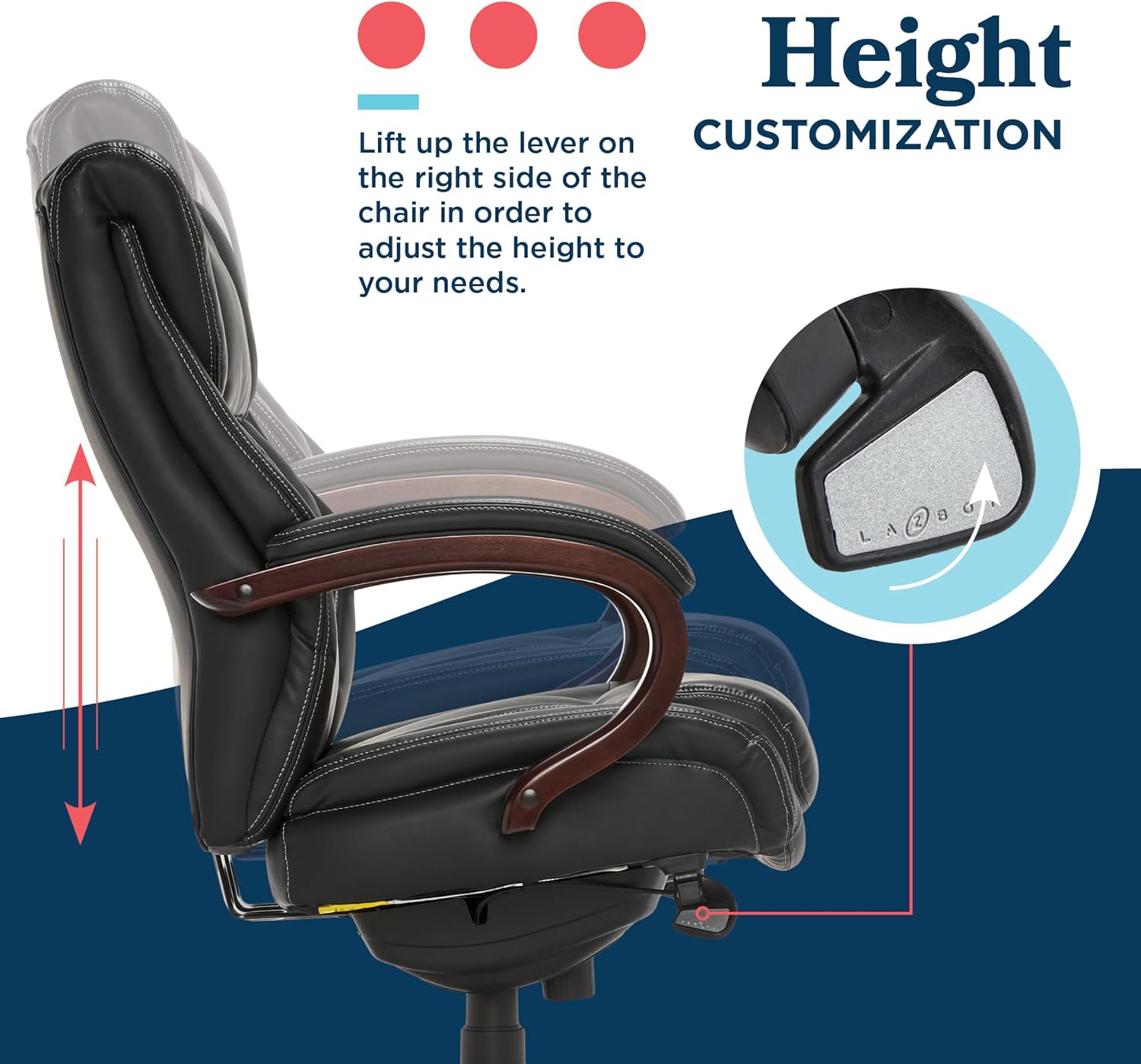 Diagram showing how to adjust the height of the La-Z-Boy Bellamy chair using the right-side lever