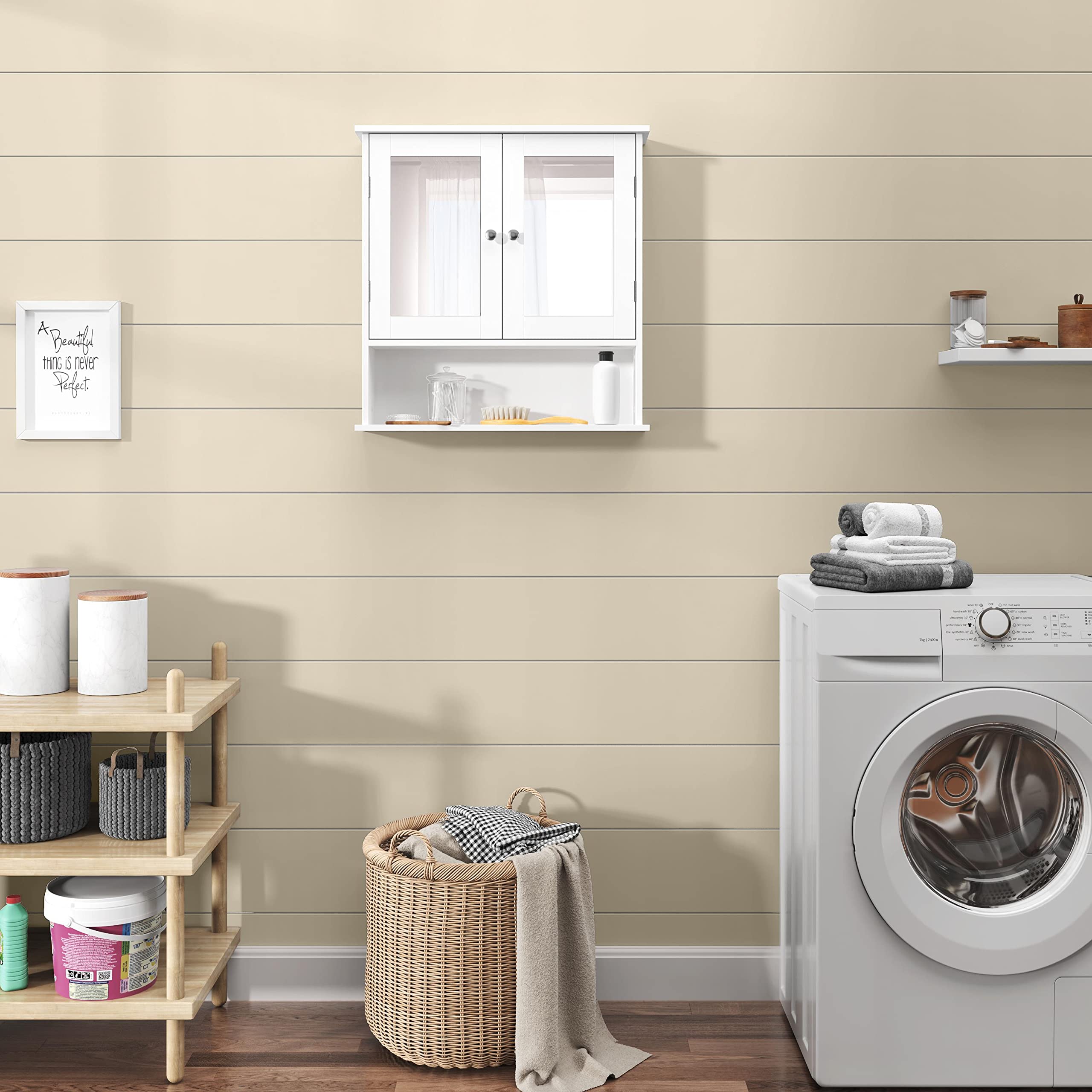 Yaheetech Armario de Pared con Espejo 56x13x58 cm para Baño con 3 Niveles Gabinete Colgador para Cocina Salón Madera Armario Suspendido de Almacenaje