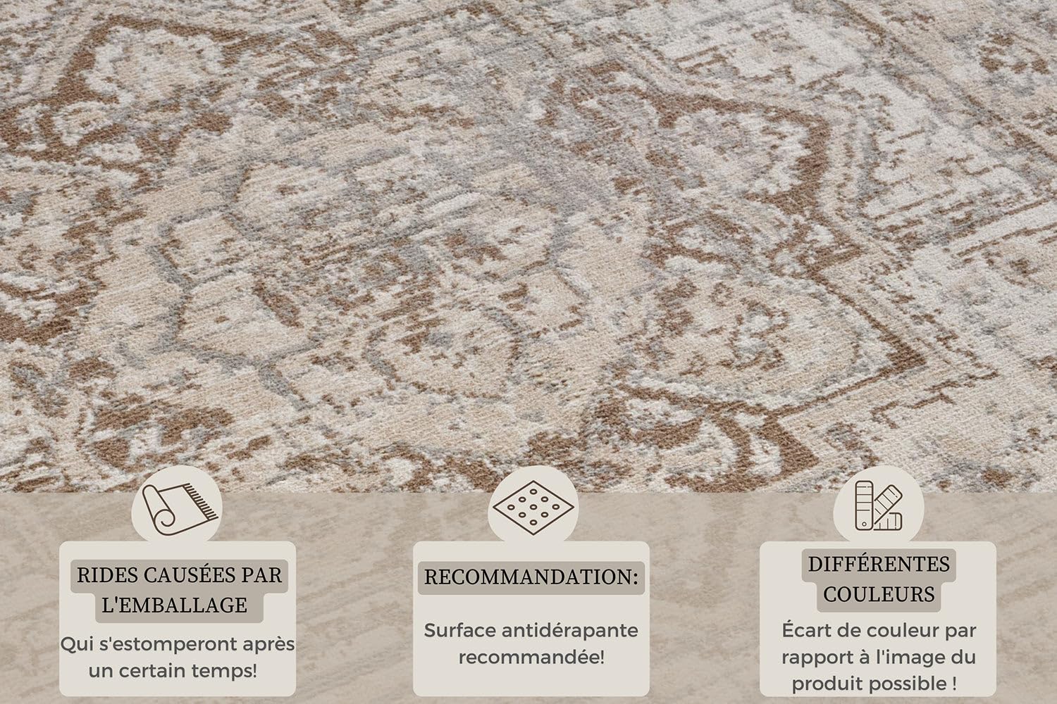 Tapis Salon Oriental, Tapis Vintage Style Oriental, Poils Courts et Motifs Traditionnels (Rania Beige, 200x280cm)