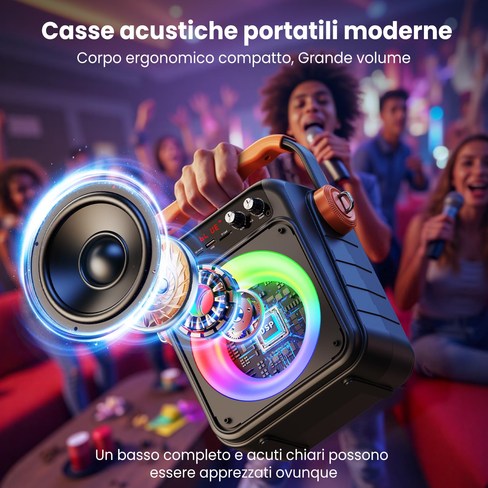 JYX Machine Karaoke con 2 Microfono, 80W Cassa Bluetooth 5.3, Subwoofer 6,5 Pollici Karaoke Professionale, Autonomia 12 ore, Luci LED, Ideale per Feste Canta Tu 2026, colore