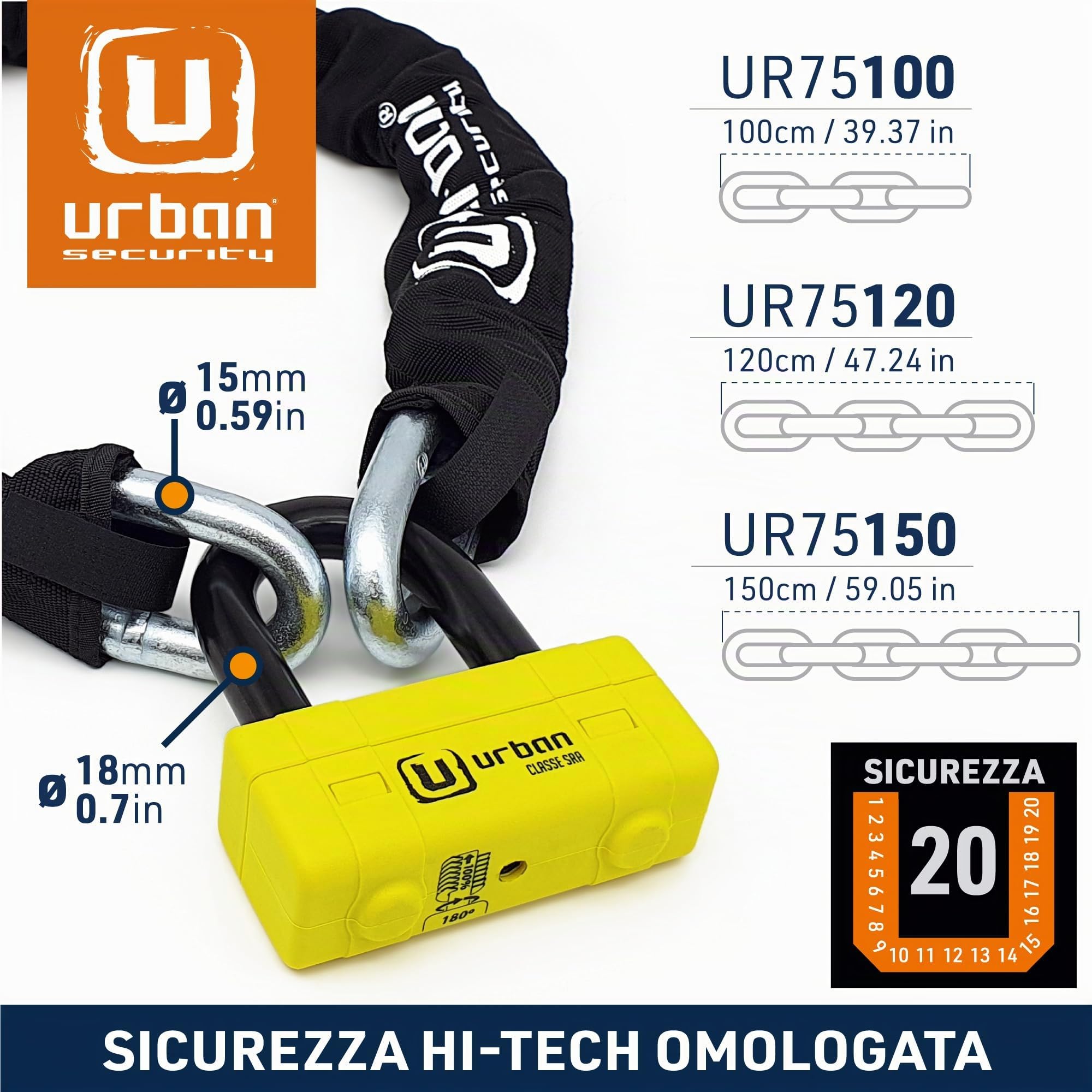 URBAN UR75120 Lucchetto Catena Antifurto Moto Alta Sicurezza Omologato Classe SRA, Mini U Blocca Disco + Catena ø15, 120 cm