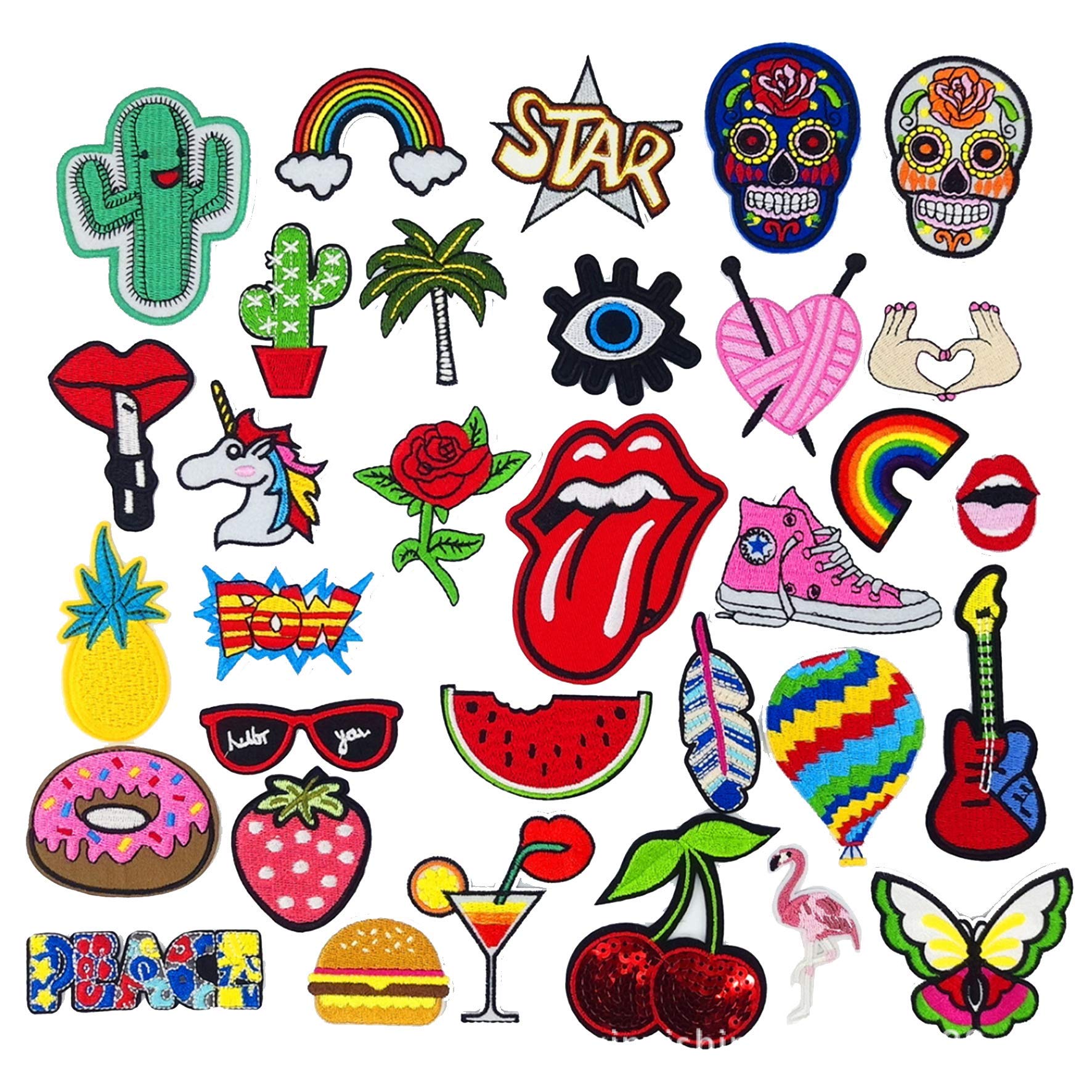 YLY Random Assorted Styles Embroidered Patches,Cute Fruit Flower Food Rainbow Skull,Applique Kit Decoration Sewing on/Iron on Patches for Clothing, Jackets,Backpacks,Jeans (FashionStyle-32Pcs)