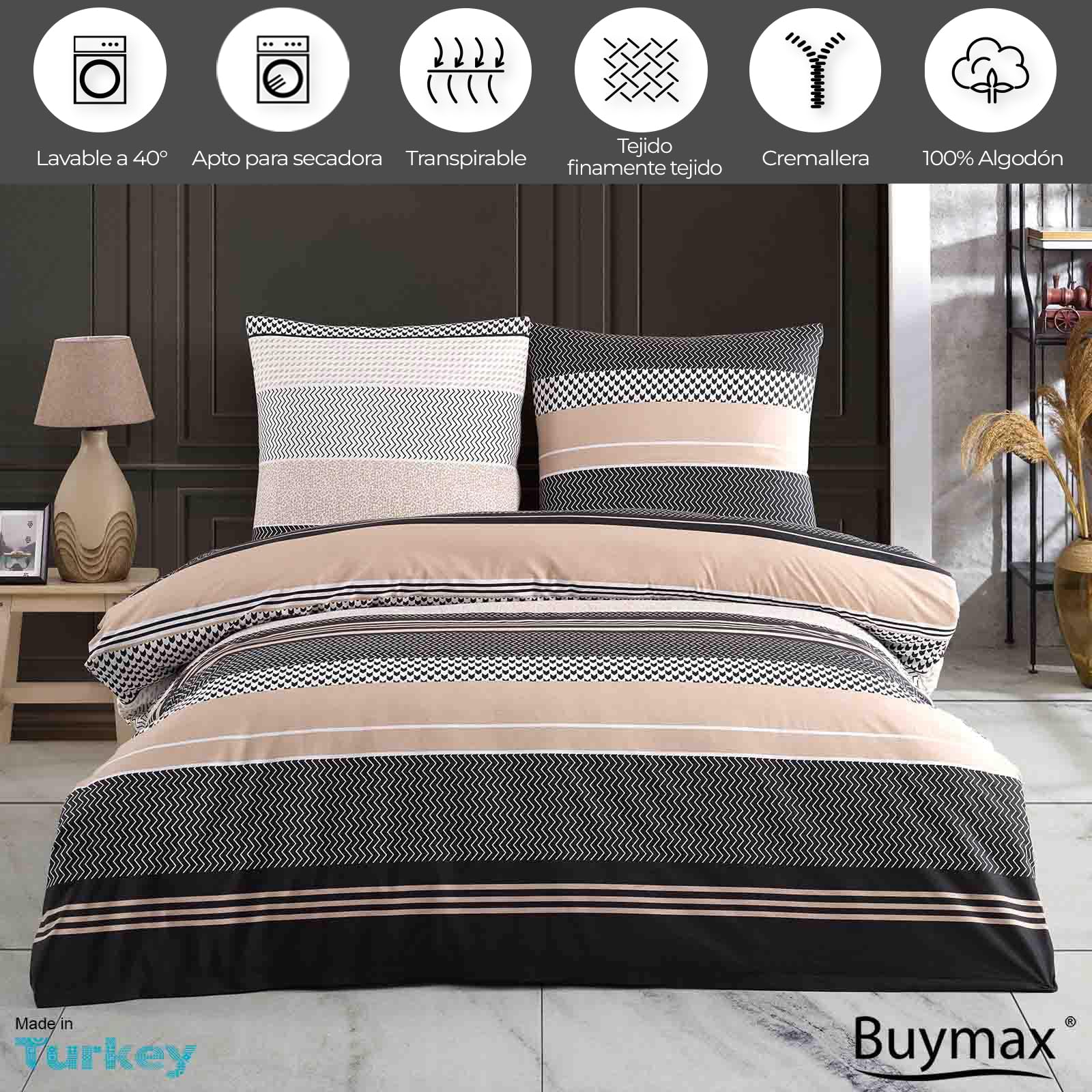 Buymax® Ropa de cama de 200 x 220 cm, 100% algodón, 3 piezas, juego de ropa de cama de 200 x 220 cm con 2 fundas de almohada de 80 x 80 cm, certificado Öko-Tex Renforcé, juego de funda nórdica con