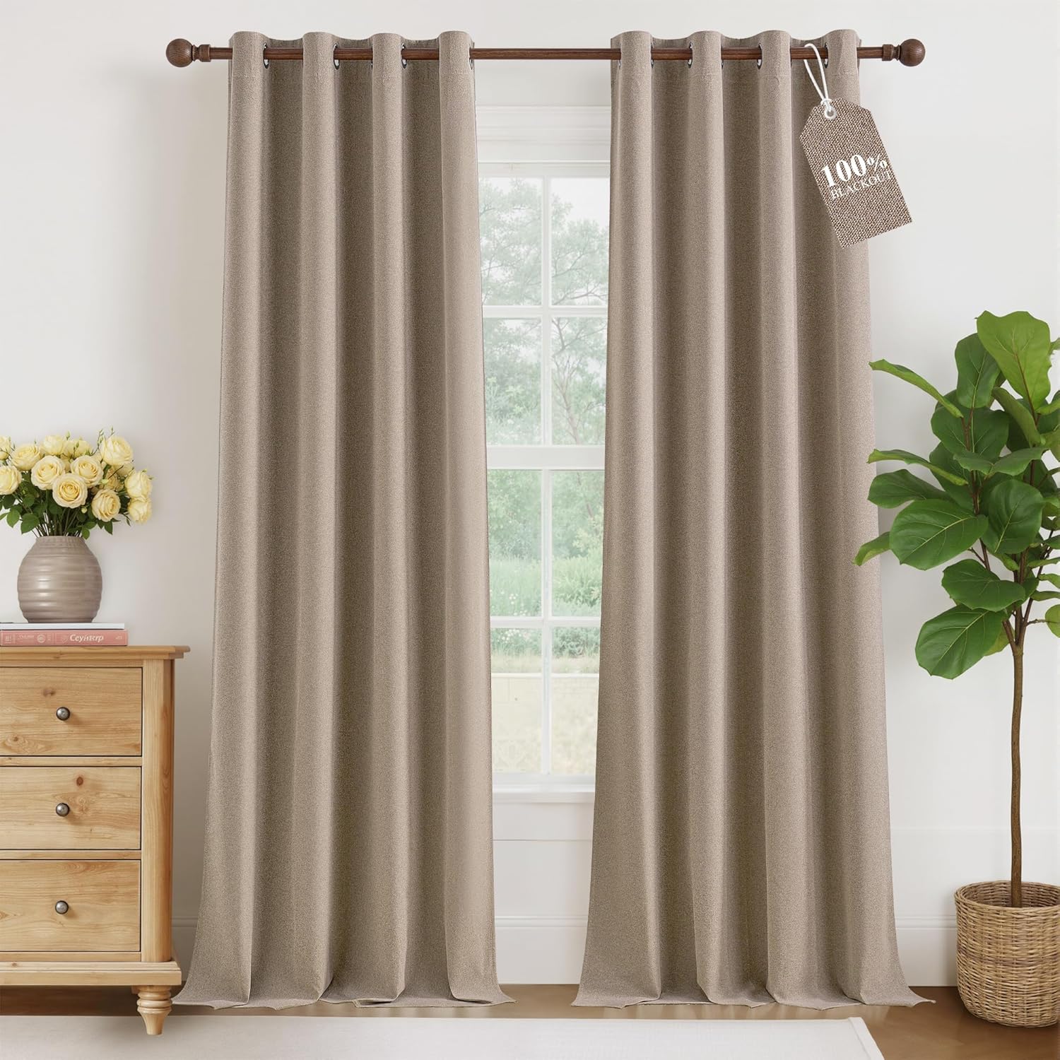 NICETOWN Vintage Faux Linen Weave Flax Thermal Curtains for Living Room, W52 x L84 in Per Panel, Set of 2, 100% Blackout Curtains for Bedroom, Window Treatments for Night Shift Workers, Taupe