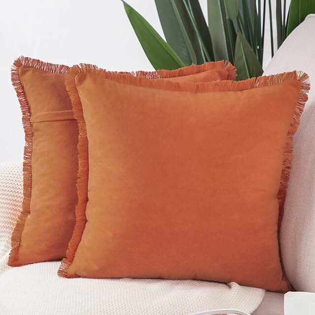 MADIZZ Set of 2 Suede Throw Pillow Covers with Fringe Tassels 18x18 Inch Orange Soft Decorative Cushion Cover for Sofa Bed...