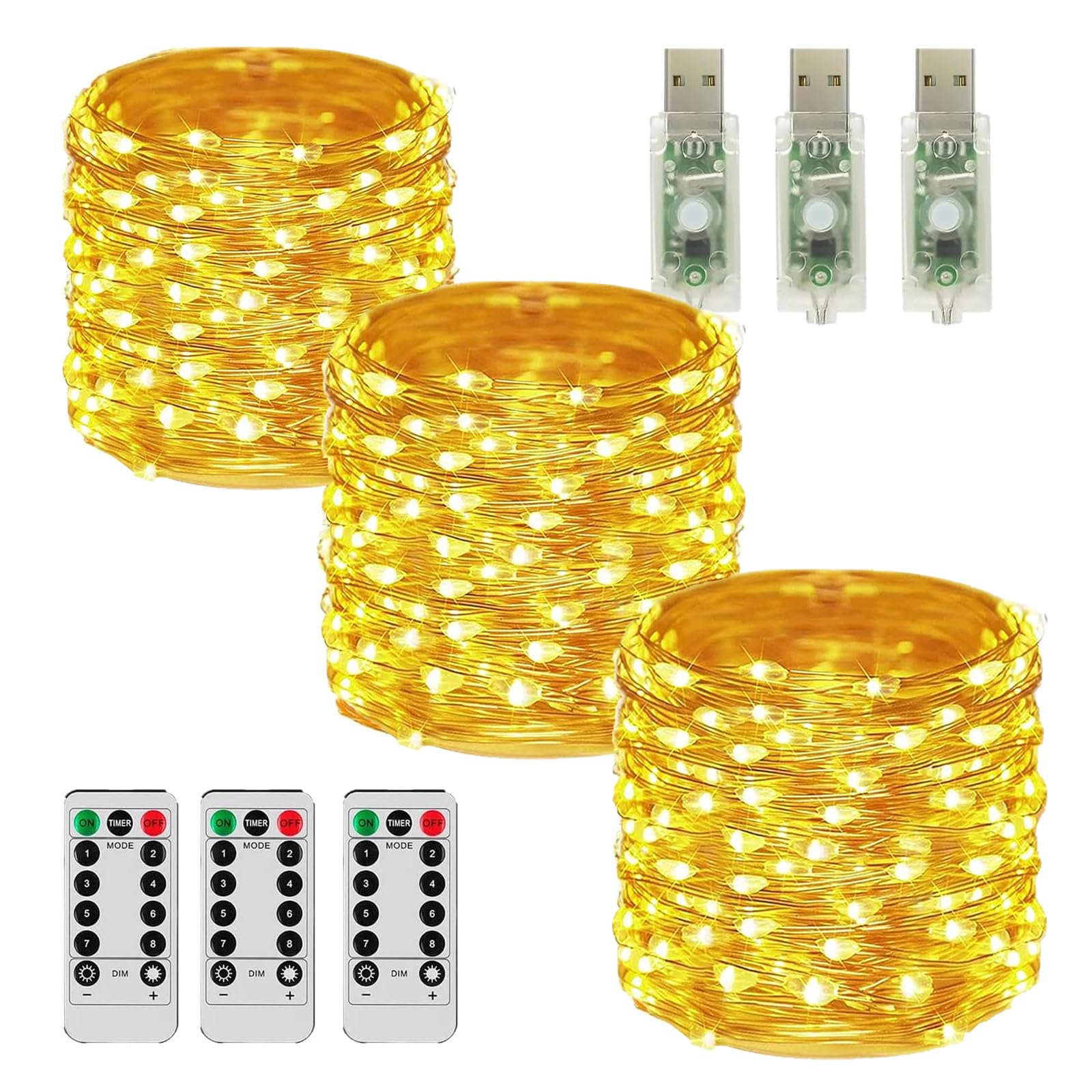 AcaJoe Fairy Lights 3Pack 33Ft String Lights for Bedroom 8 Modes USB Powered Twinkle Lights Indoor with Remote Control, Fairy String Lights Plug in for Christmas Outdoor Home Room Decor