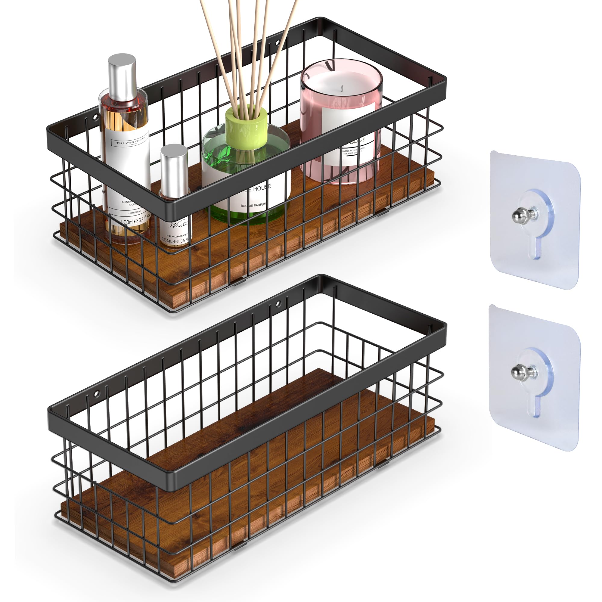 2 Pack Small Metal Wire Basket with Decorative Wood Base, Toilet Paper Basket for Back of Toilet, Wall Mount Basket Organizer for Bathroom, Kitchen