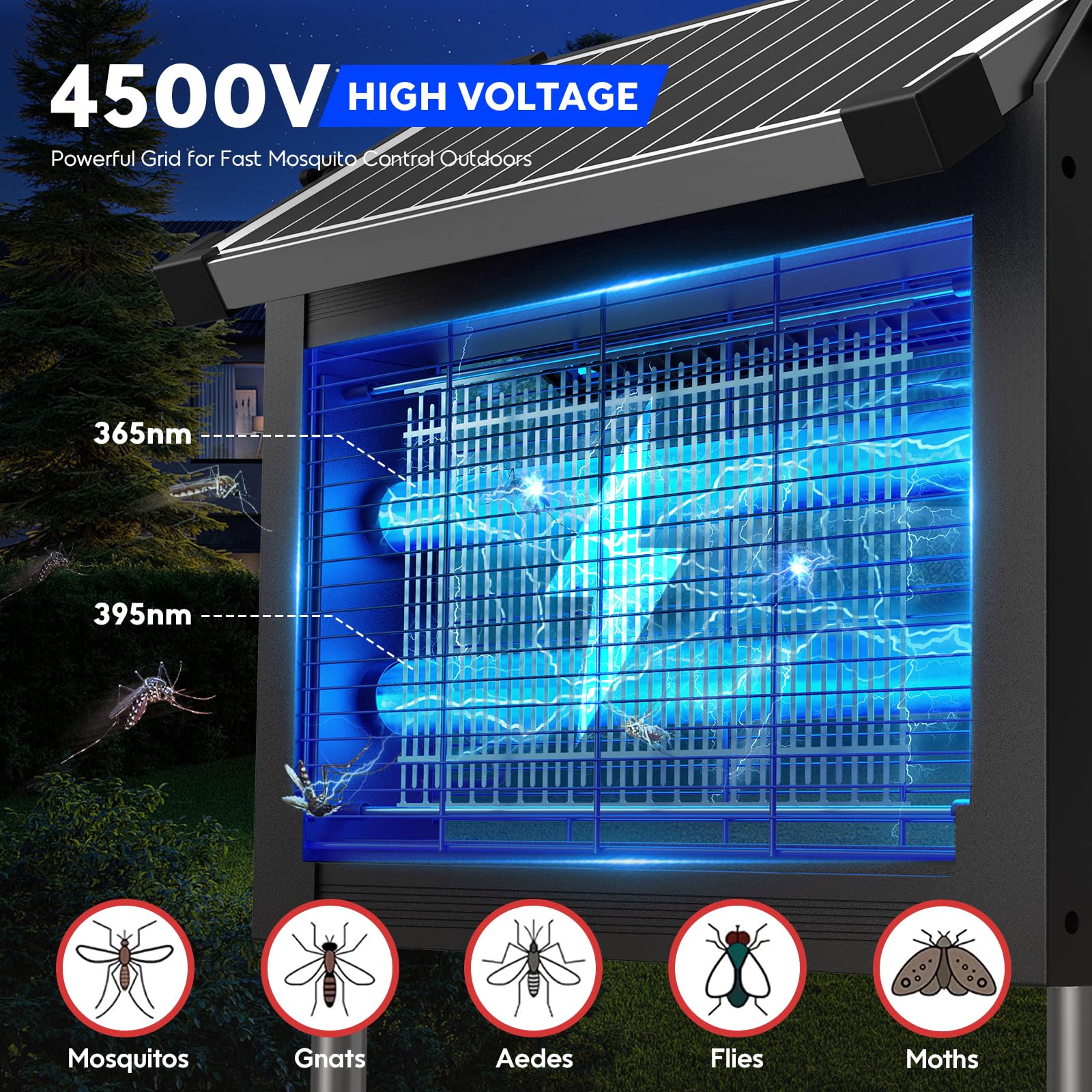Solar Bug Zapper Outdoor Mückenvernichter Lampe 4500V, IPX5 Wasserdicht, USB-C Wiederaufladbar, 4000mAh Akku, Kabellos mit Erdspieß für Garten, Rasen, Terrasse, Camping