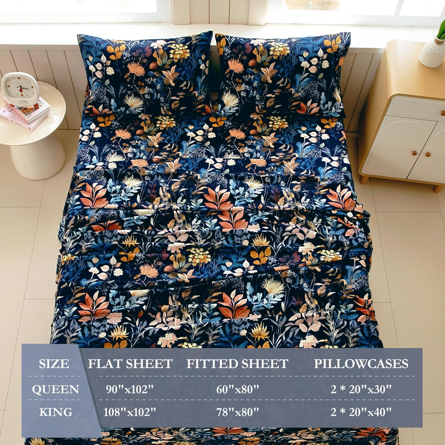 MICORAL Boho Floral Queen Sheet Set, 4-Piece Printed Botanical Bed Sheets, 16" Deep Pocket, Ultra Soft & Cooling Sheet, Oeko-TEX Certified, Midnight Blooms - Image 7