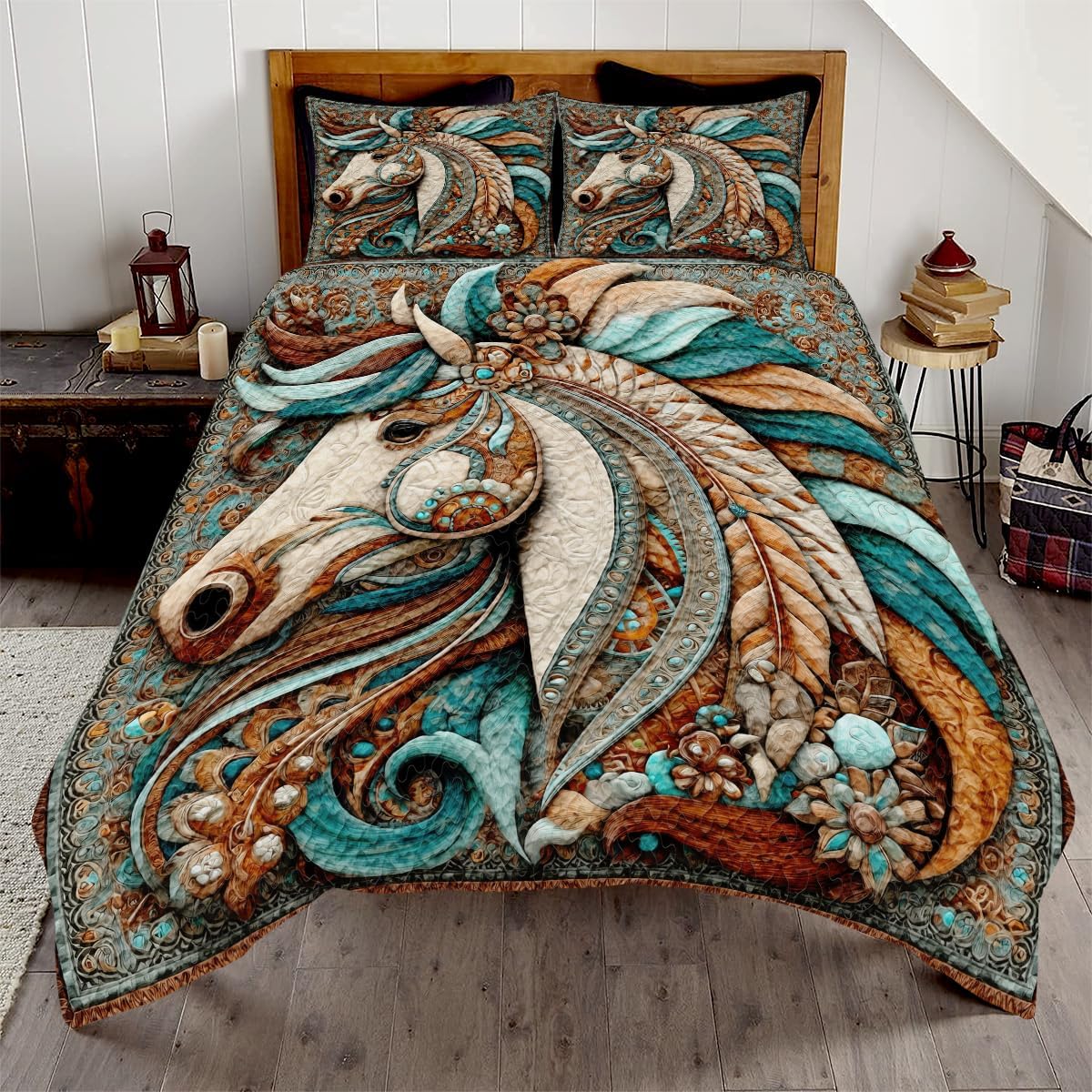 Personalized Patchwork Horse Quilt Set, Rustic Quilt Full Size for Bedroom Decor, Cowboy Western Farmhouse Cabin Animal Print Quilt King Size, Soft Lightweight Bed Set (Patchwork Horse 2)