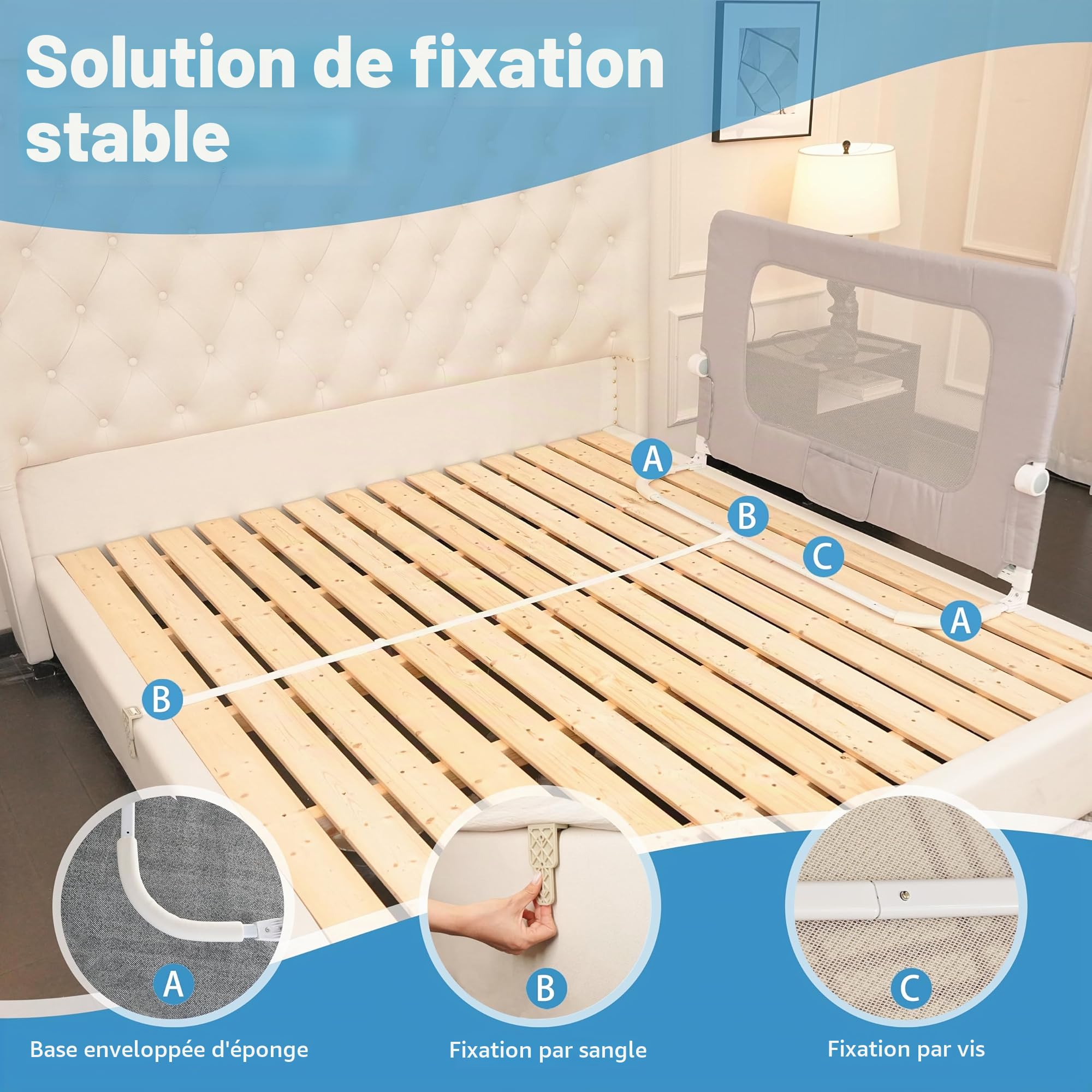 Barrière de lit pliable pour tout-petits, 32in / 85 cm de hauteur, réglable en hauteur, pour enfants, ajustement universel, pour lits jumeaux/double/très grand lit/grand lit.