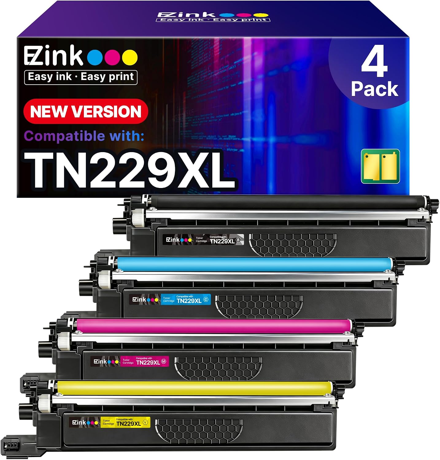 E-Z Ink Compatible TN229XL Toner Cartridges Replacement for Brother TN229XL toner cartridges TN-229XL TN229 XL to use with MFC-L3720CDW MFC-L3780CDW HL-L3220CDW HL-L3280CDW HL-L3300CDW Printer(4 Pack)