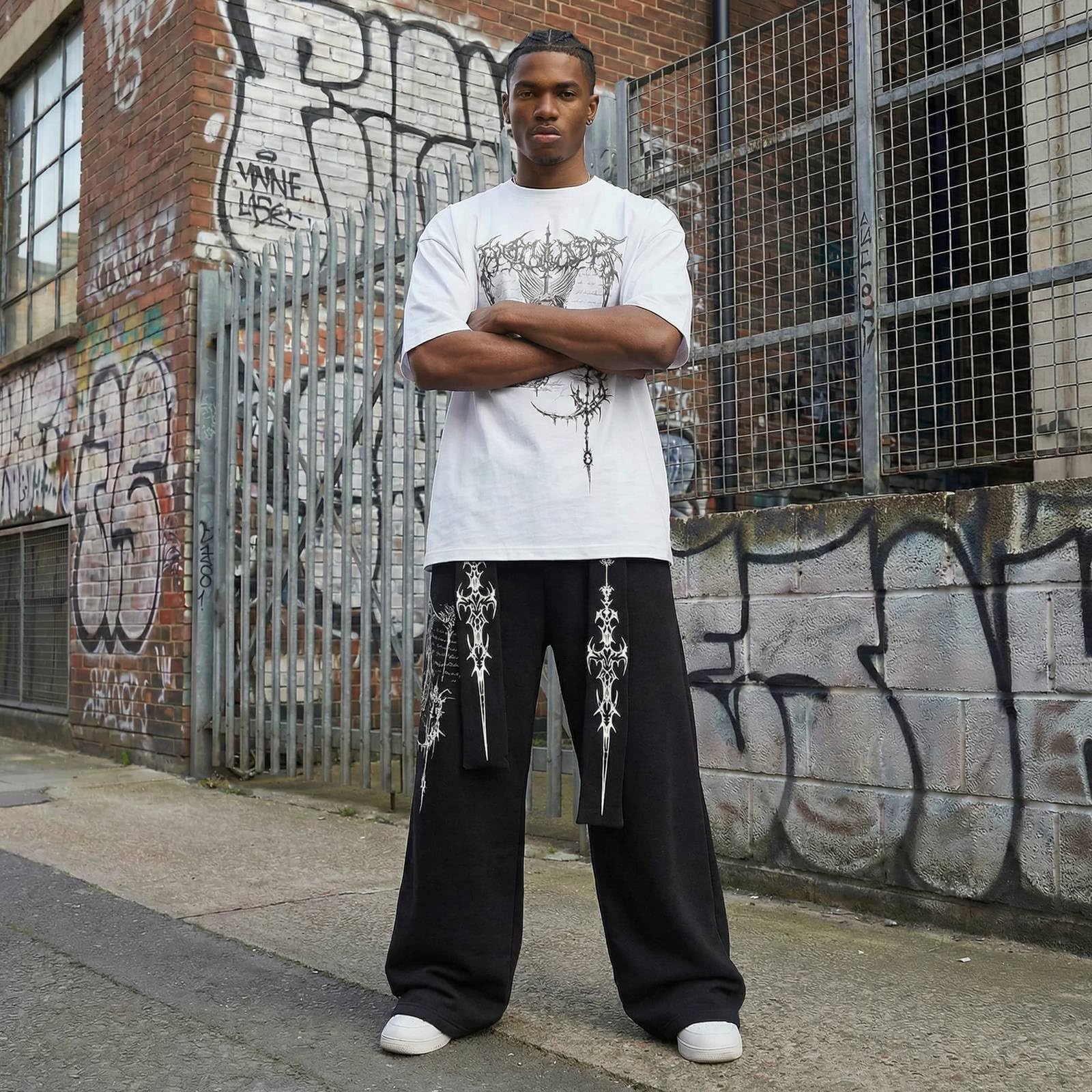Amerikanische Retro-Jogginghose mit Buchstabenprint, Schnürung Geschwungenem Bein, Trendige Unisex-streetdance-Freizeithose, Figurformende Locker Sitzende Lange Hose Relax Hose Herren