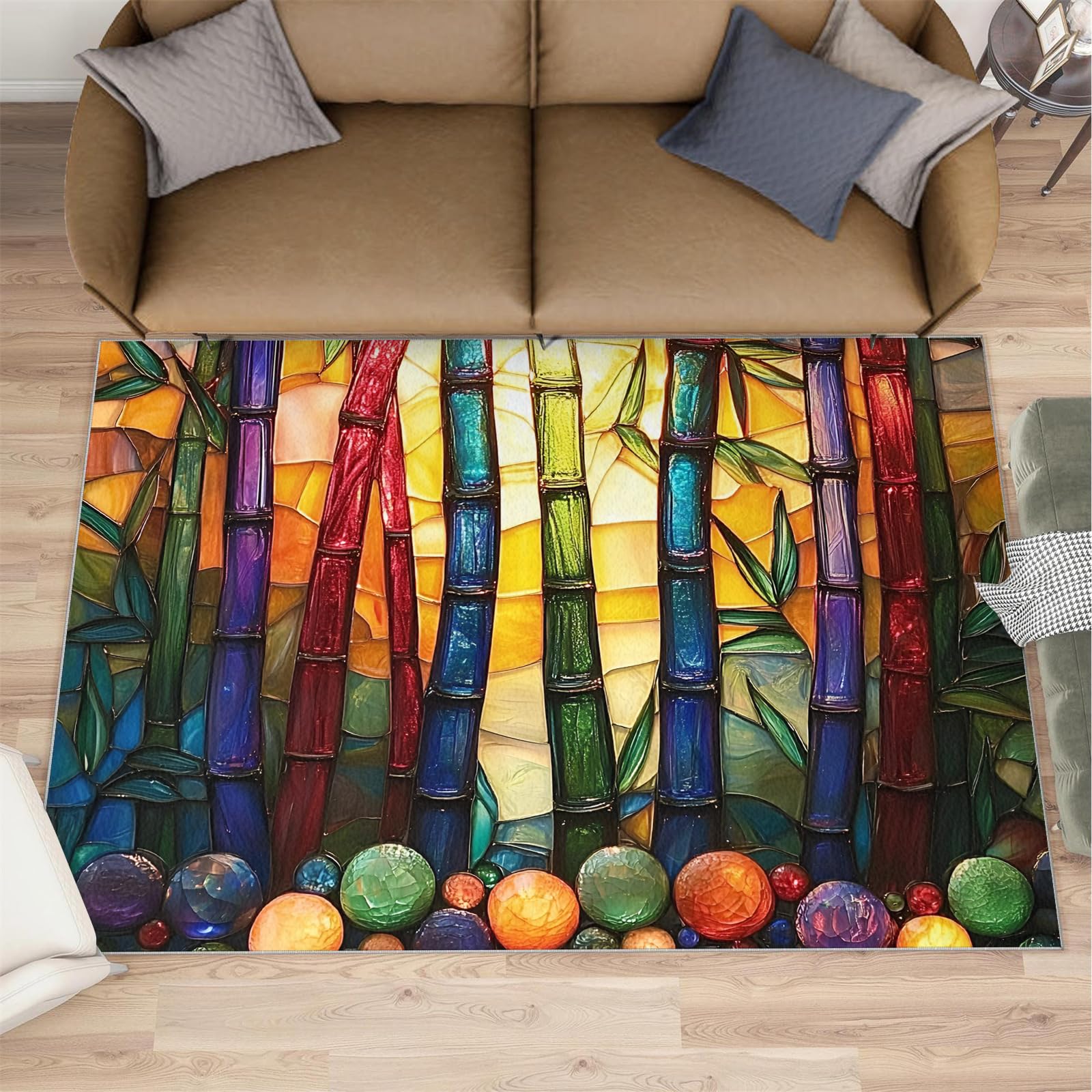 Tapis Abstrait pour entrée, Tapis en Bambou teinté 80 x 150 cm, Tapis Moderne géométrique Lavable et antidérapant pour décoration d'intérieur
