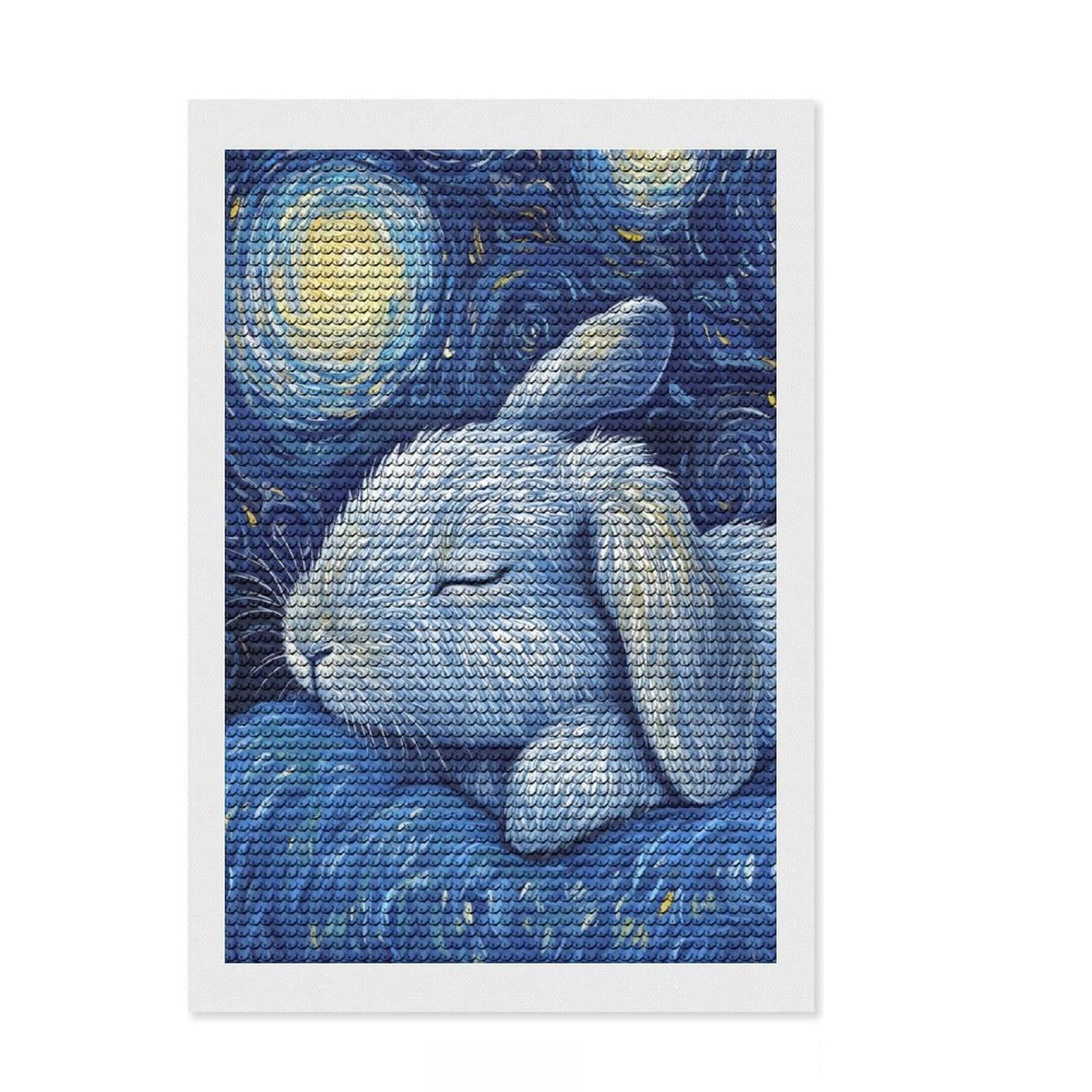 Junmoney Starry Night Bunny DIY Diamond Art Canvas Kit 8"x12", Easy to Enjoy, Adhesive Canvas, Aesthetic Room Decor, Thoughtful Handmade Gift