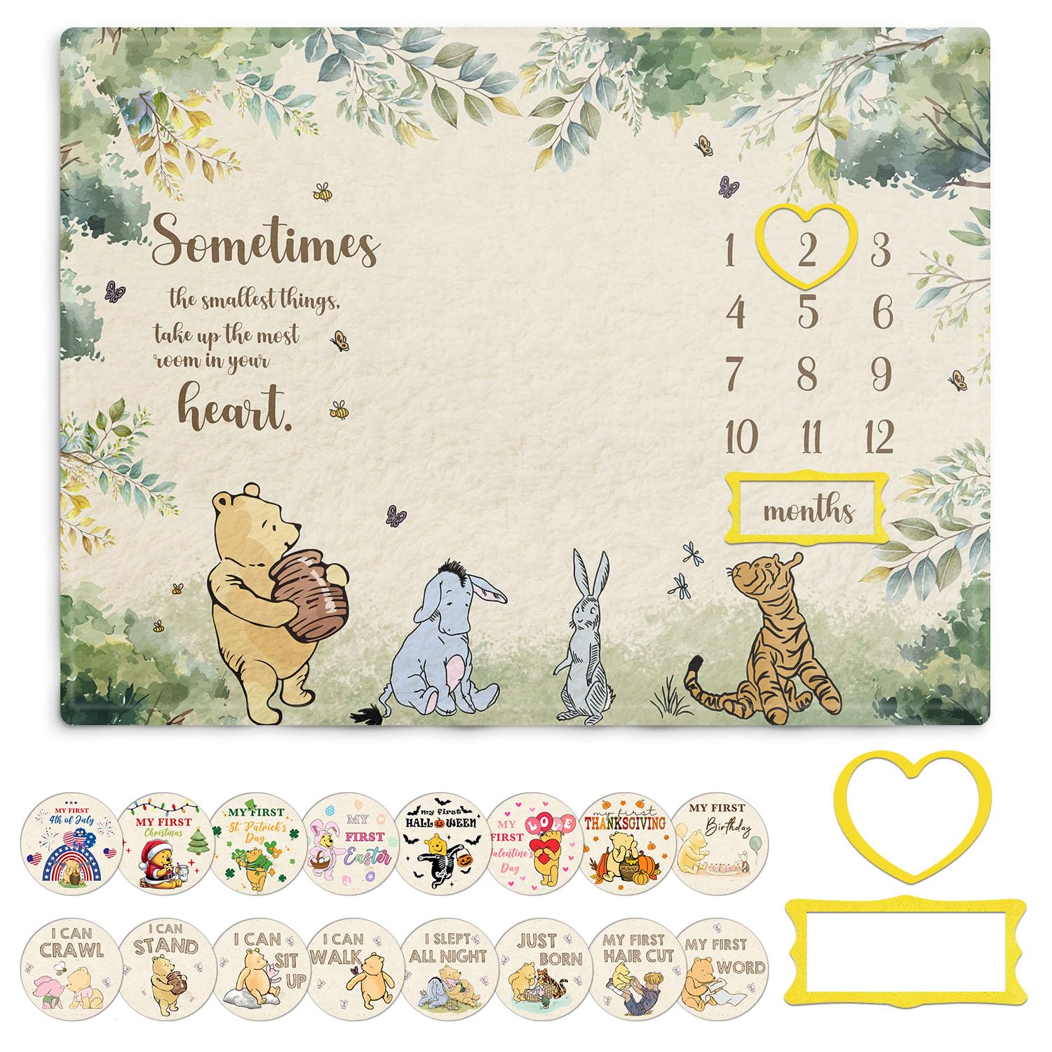 Manta Winnie Milestone para bebé, manta de hito de bebé Pooh, manta de hito de bebé con citas de Winnie, decoración de fondo de fotografía para recién nacido, con 8 piezas de cartulina impresa de