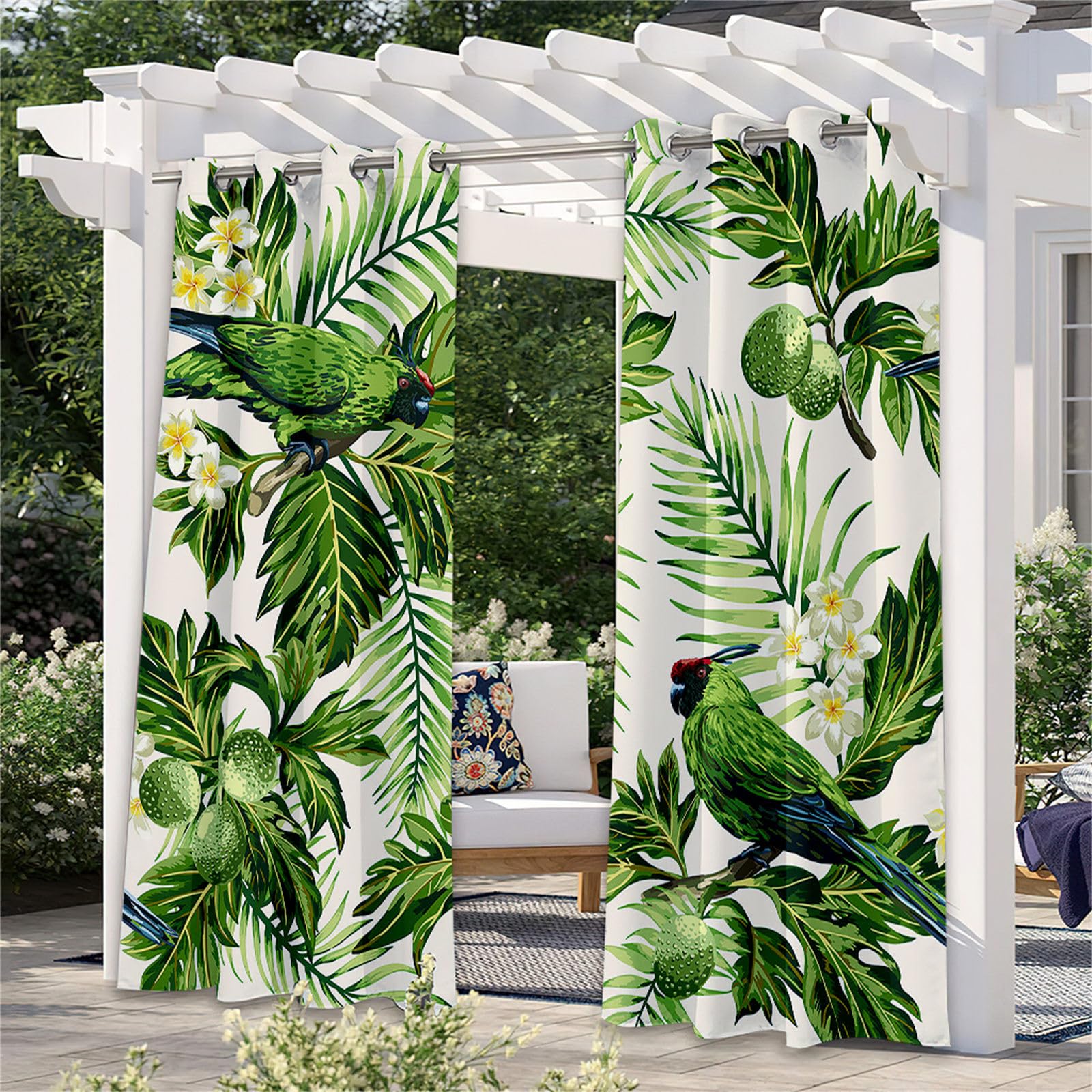 Hiseng Rideaux Extérieur Imperméable, Motif Plante Feuilles 3D Rideau Occultant Isolant Thermique 2 Pieces Rideau d'Extérieur pour Pergola Terrasse avec Oeillet (137x243cm,Plumeria)