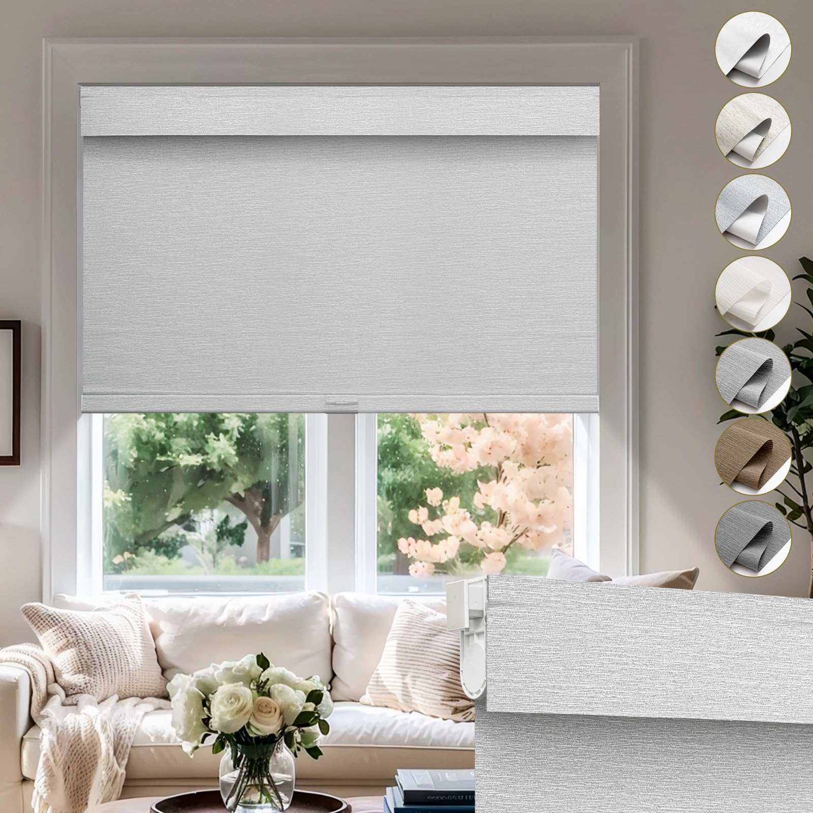 Moonice No Drill No Tools Cordless Roller Blinds for Windows 100% Blackout Roller Shades Valance Jacquard Linen Fabric Thermal Insulated Roll Up Blinds for Home (White Grey,170cm W x 165cm H)